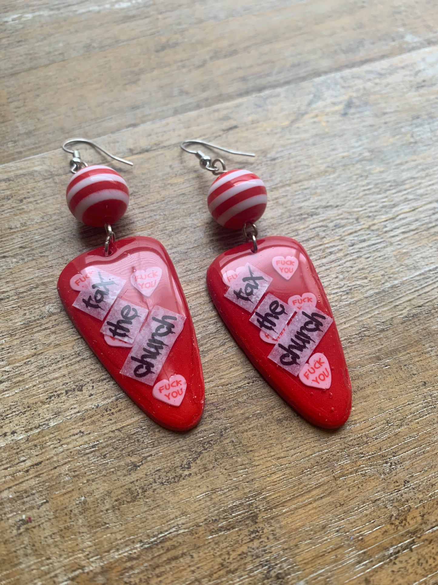 As-Is Tax the Church Red Polymer Clay Earrings Swear Word Clip On Earrings Ear Hangers