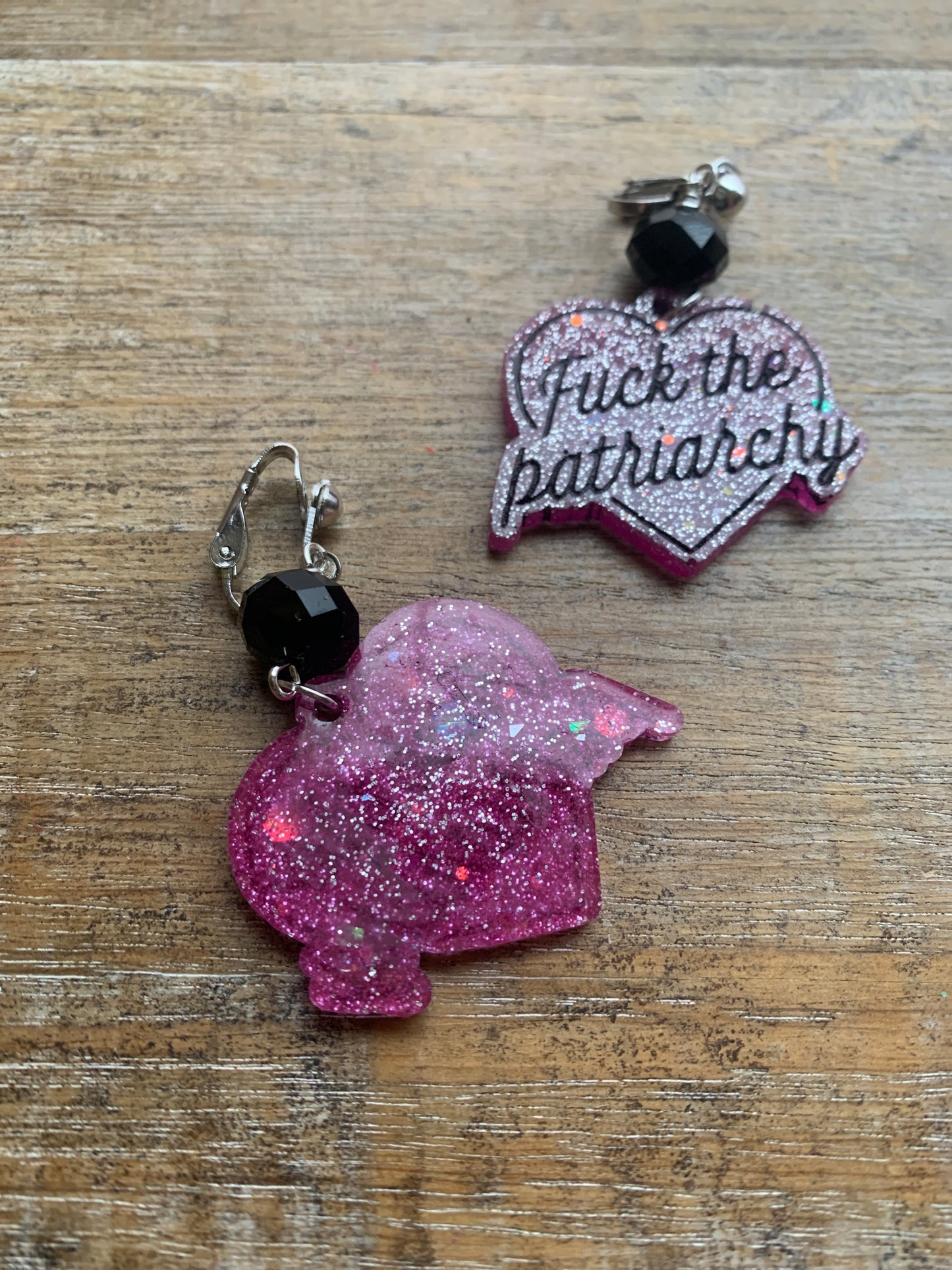 Fuck the Patriarchy Pink Glitter Heart Clip On Earrings Resin Tunnel Gauge Earrings
