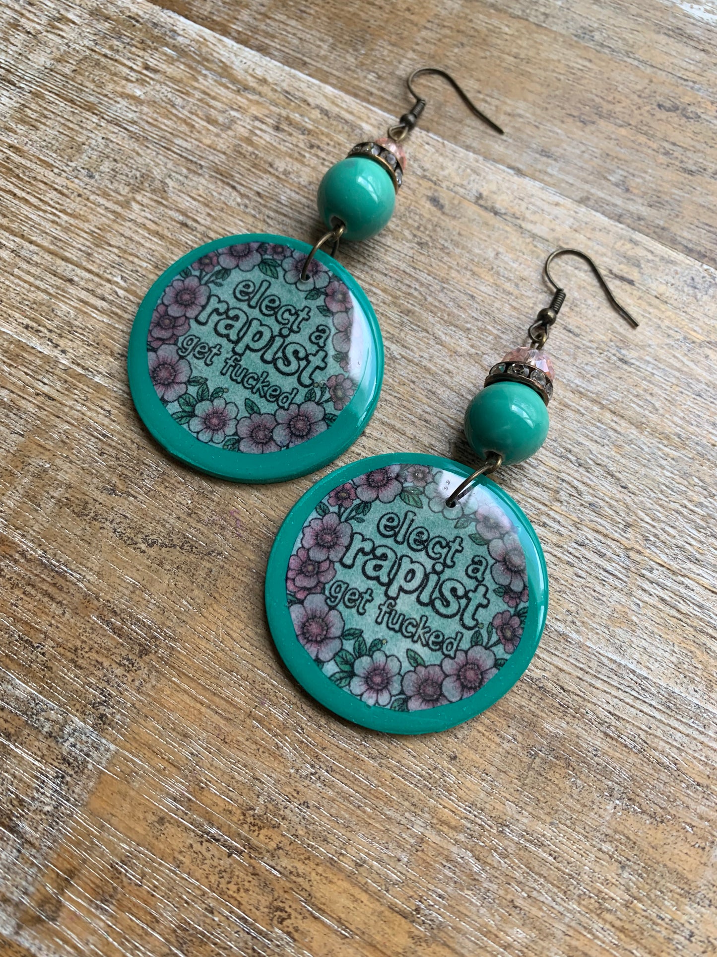 Anti Trump Earrings Art Deco Pink Floral Green Liberal Ear Hangers Elect a Rapist Get Fucked Democrat Clip On Earrings Tunnel Gauge Earrings
