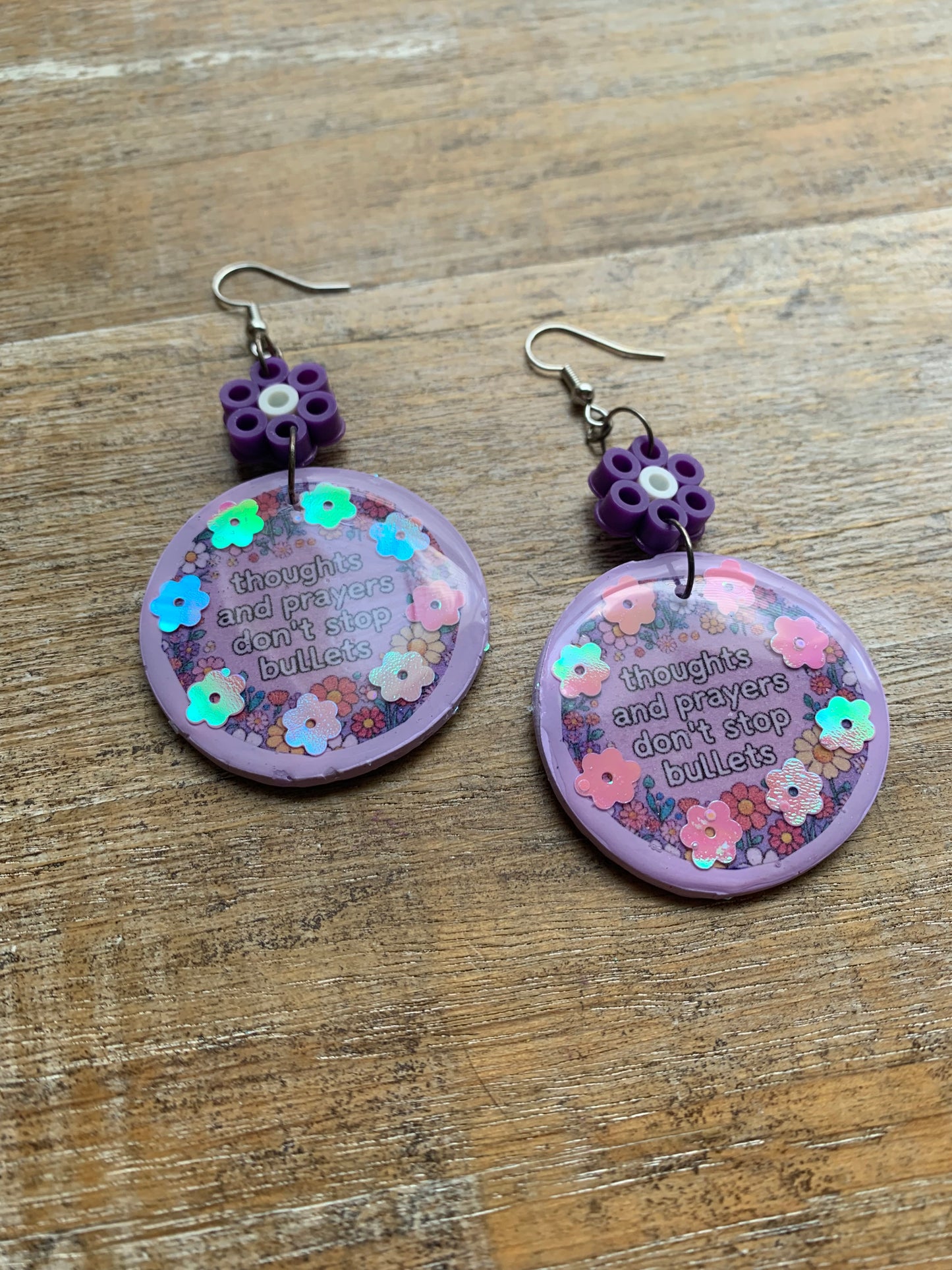 Thoughts & Prayers Don’t Stop Bullets Earrings Gun Control Liberal Democrat Polymer Clay Clip On Earrings Purple Daisy Tunnel Gauge Earrings