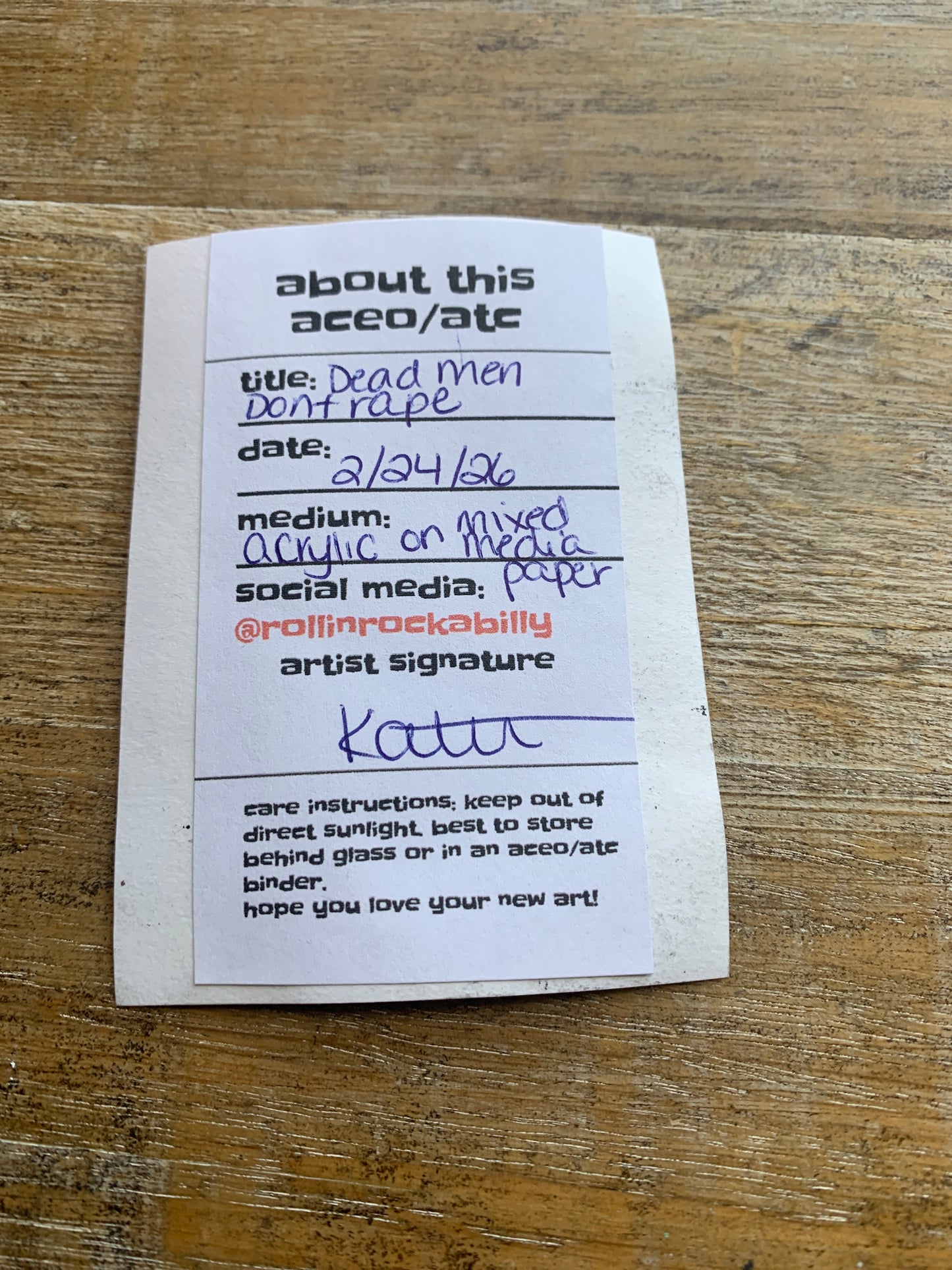 Original ACEO Acrylic Painting 2.5x3.5 Dead Men Don’t Rape Bloody Knife “Dead Men Don’t Rape”