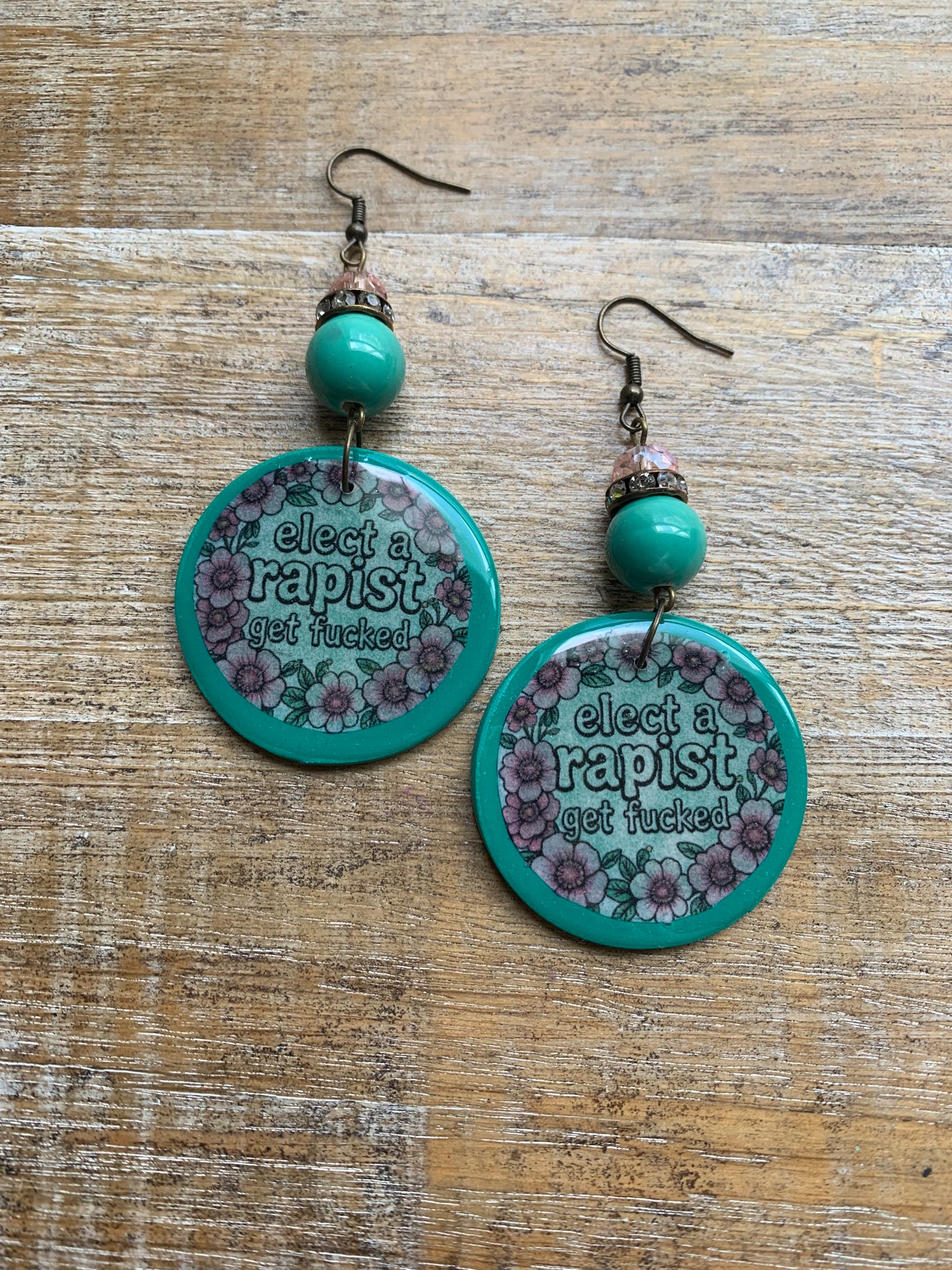 Anti Trump Earrings Art Deco Pink Floral Green Liberal Ear Hangers Elect a Rapist Get Fucked Democrat Clip On Earrings Tunnel Gauge Earrings