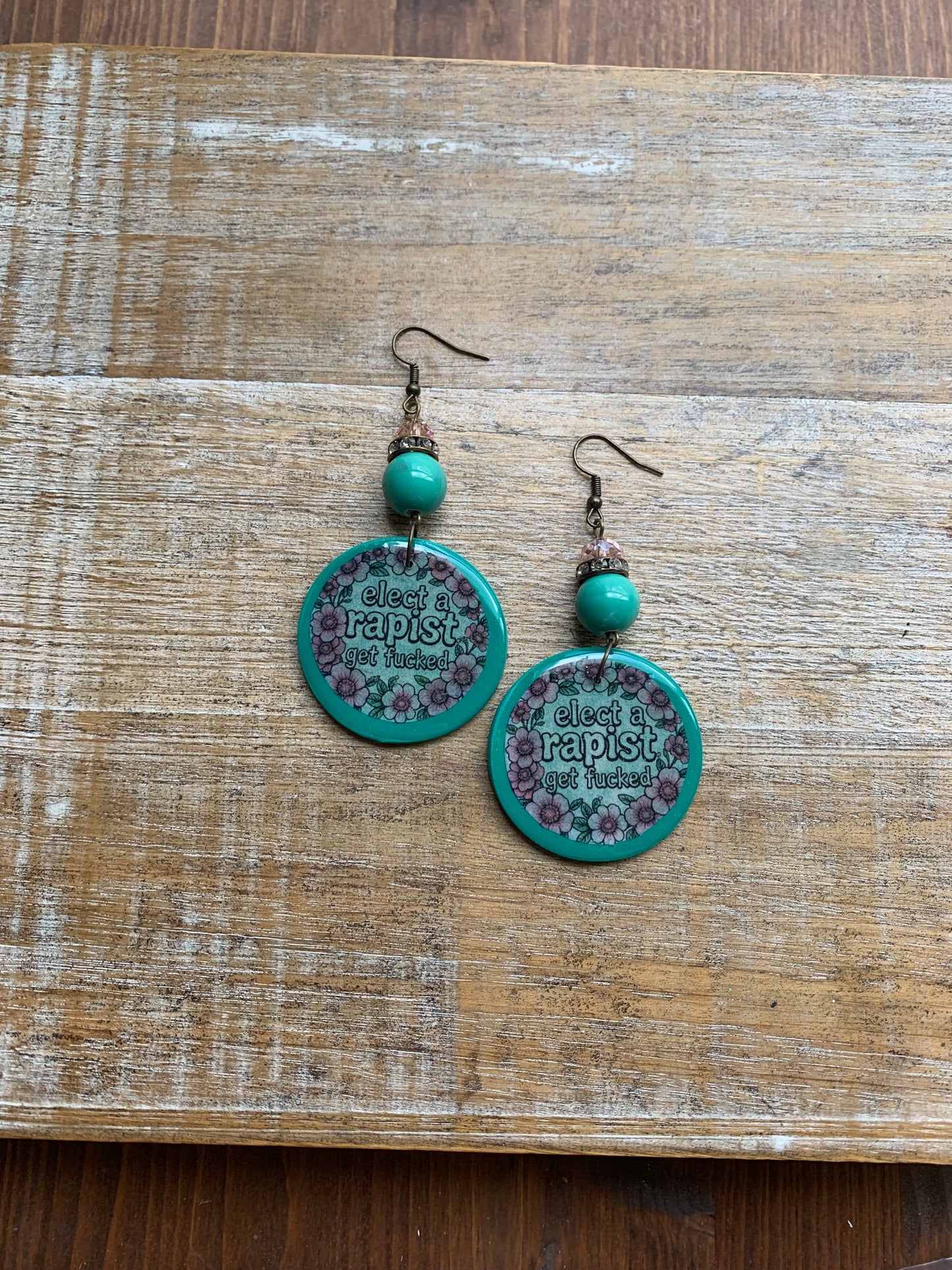 Anti Trump Earrings Art Deco Pink Floral Green Liberal Ear Hangers Elect a Rapist Get Fucked Democrat Clip On Earrings Tunnel Gauge Earrings