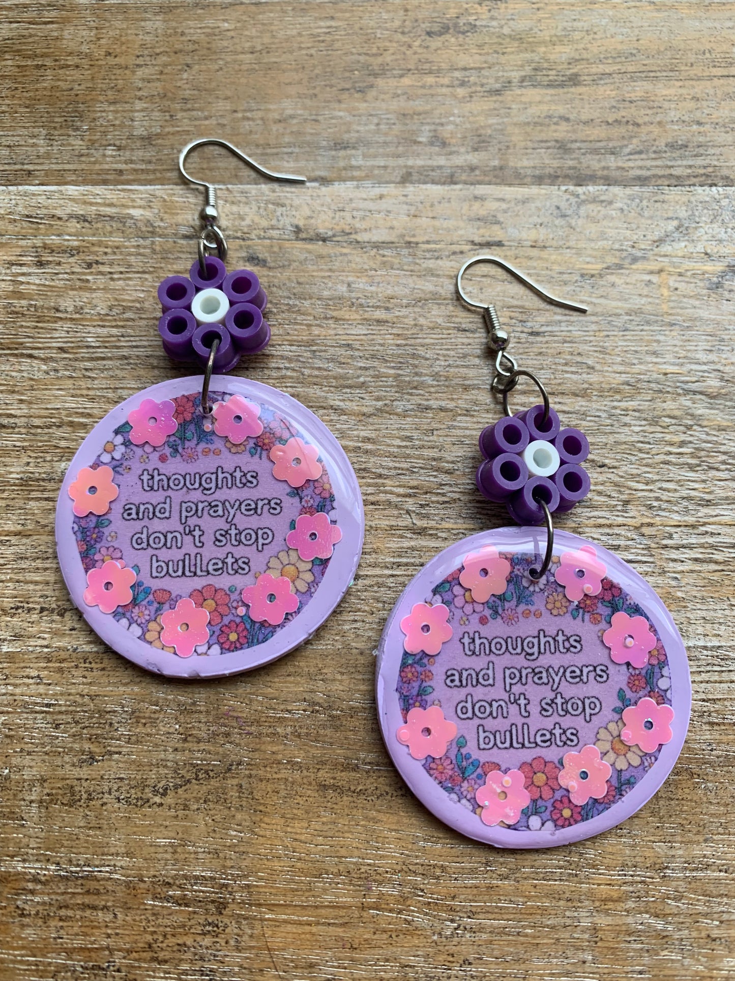 Thoughts & Prayers Don’t Stop Bullets Earrings Gun Control Liberal Democrat Polymer Clay Clip On Earrings Purple Daisy Tunnel Gauge Earrings