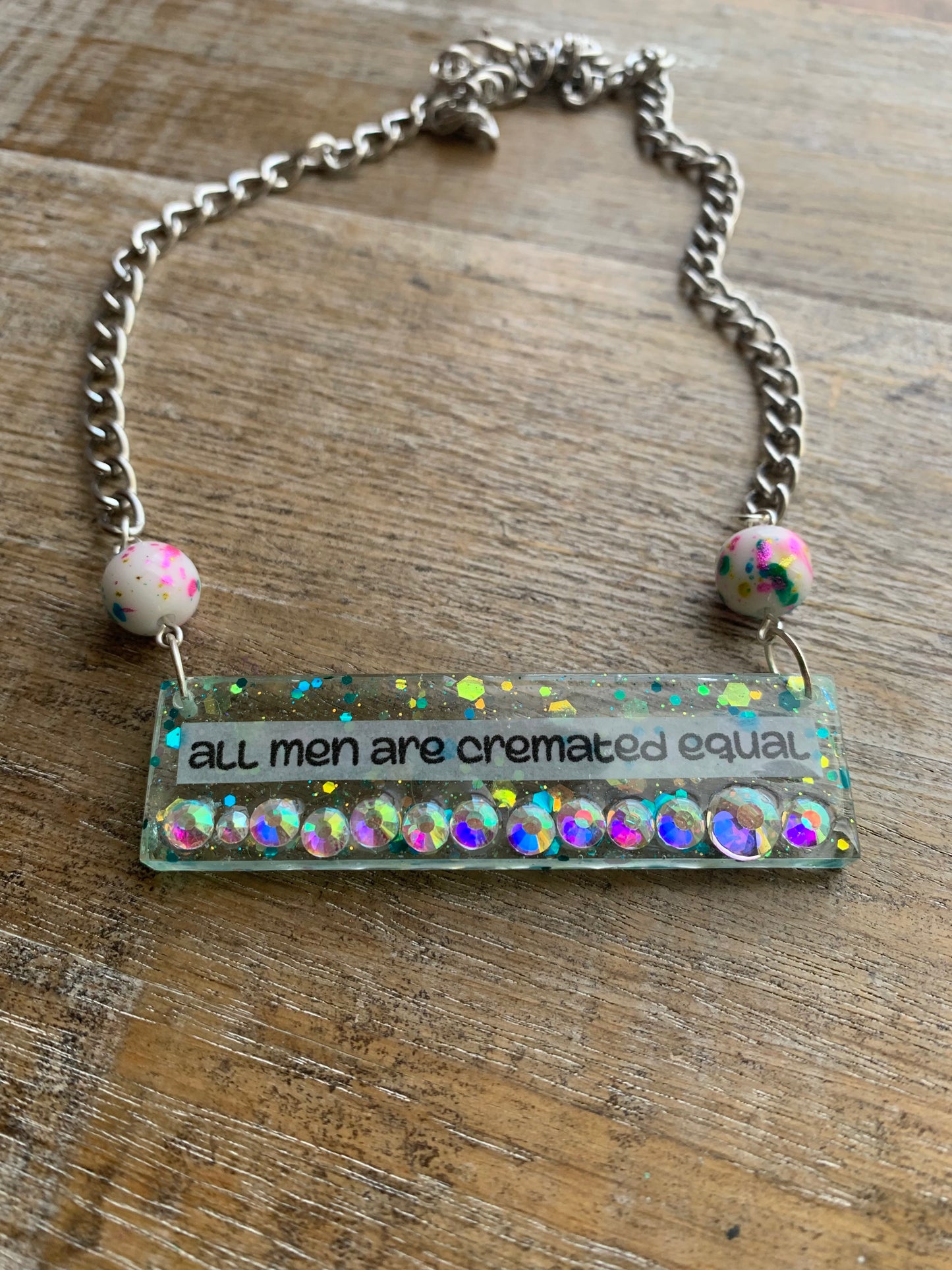 All Men Are Cremated Equal Necklace Funny Feminist Rhinestone Glitter Necklace Silver Tone Chain
