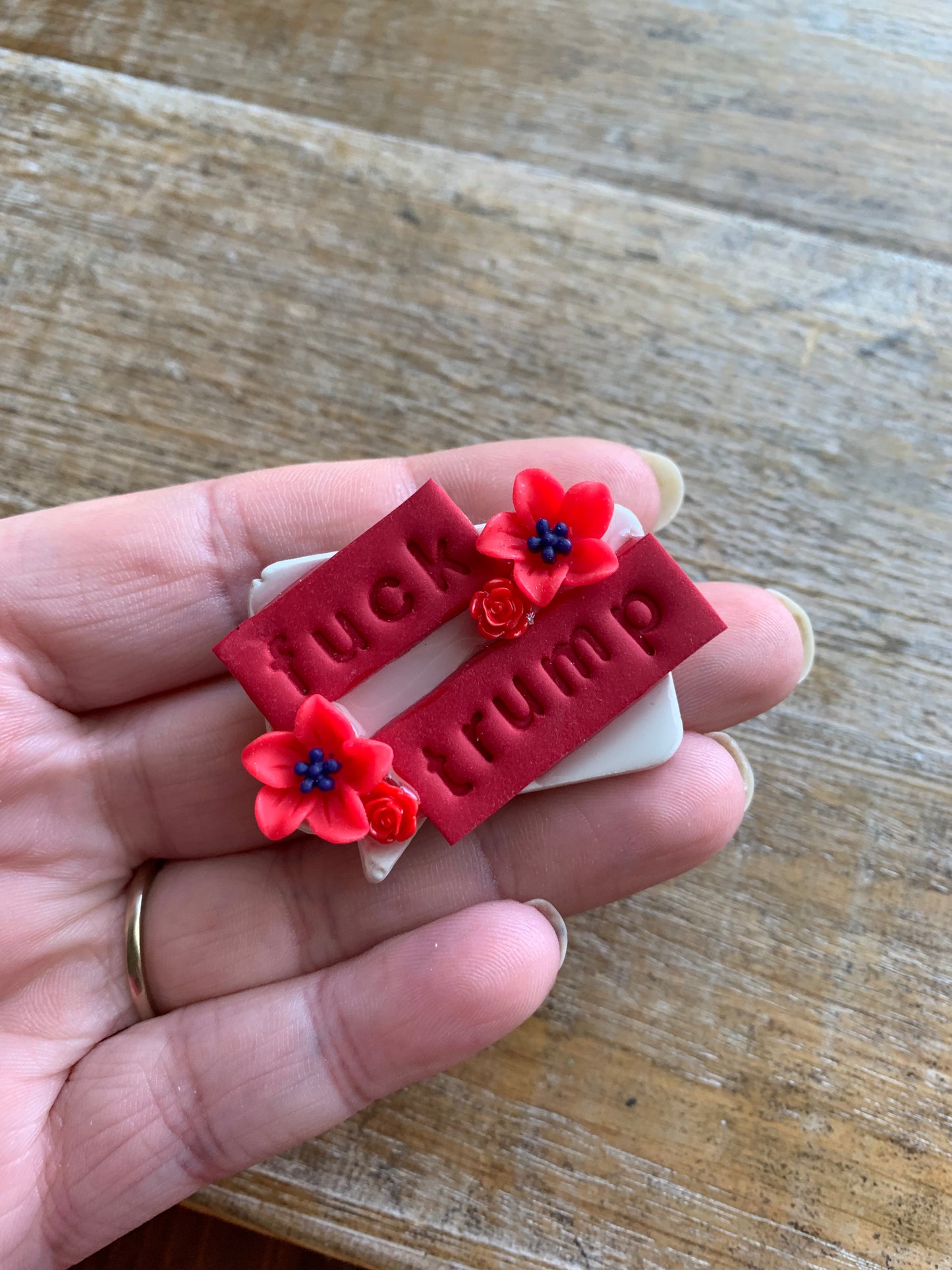 Fuck Trump Floral Statement Polymer Clay Protest Pin