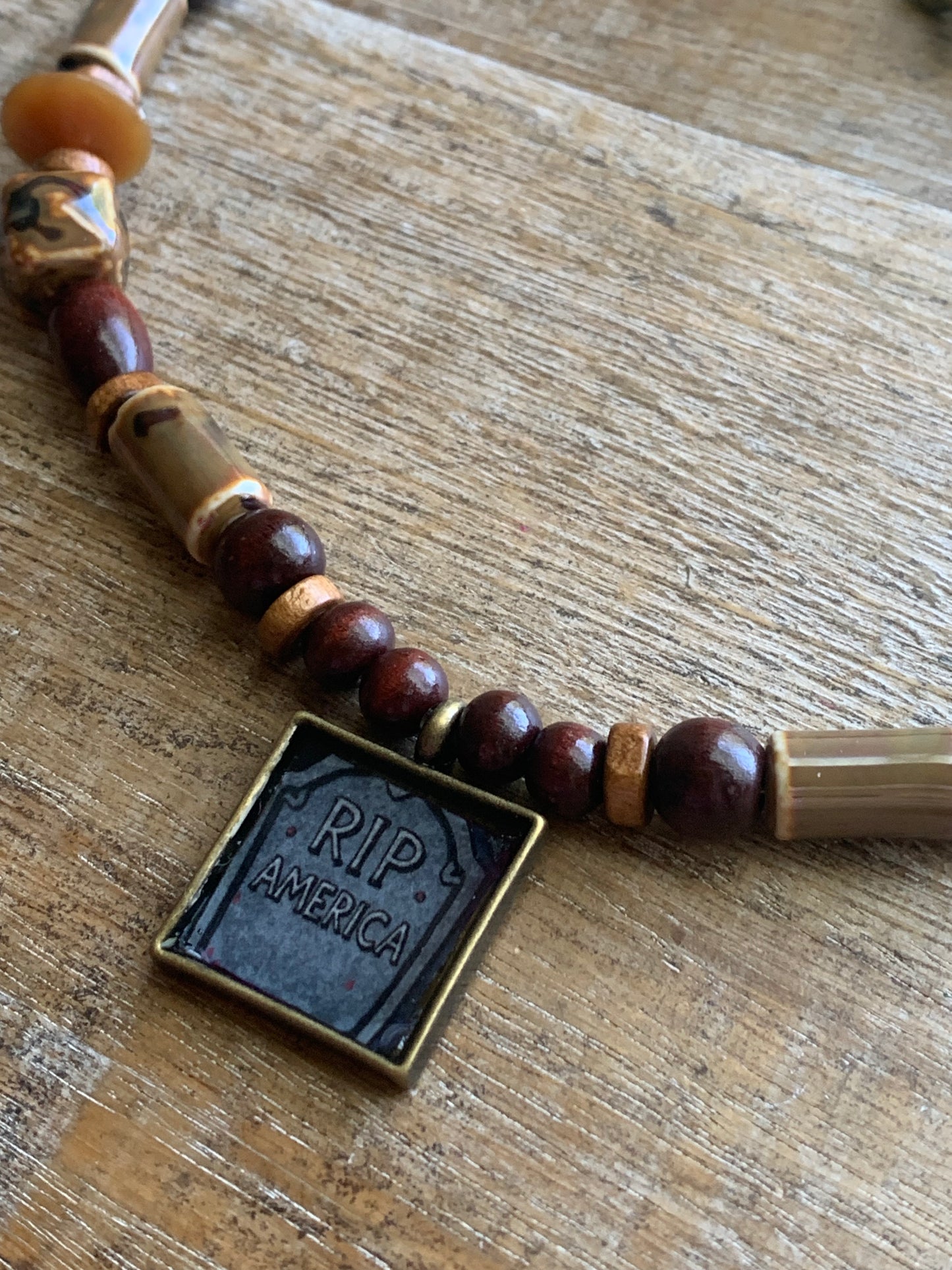 RIP America Tombstone Pendant Necklace Upcycled Beaded Bronze Tone Necklace