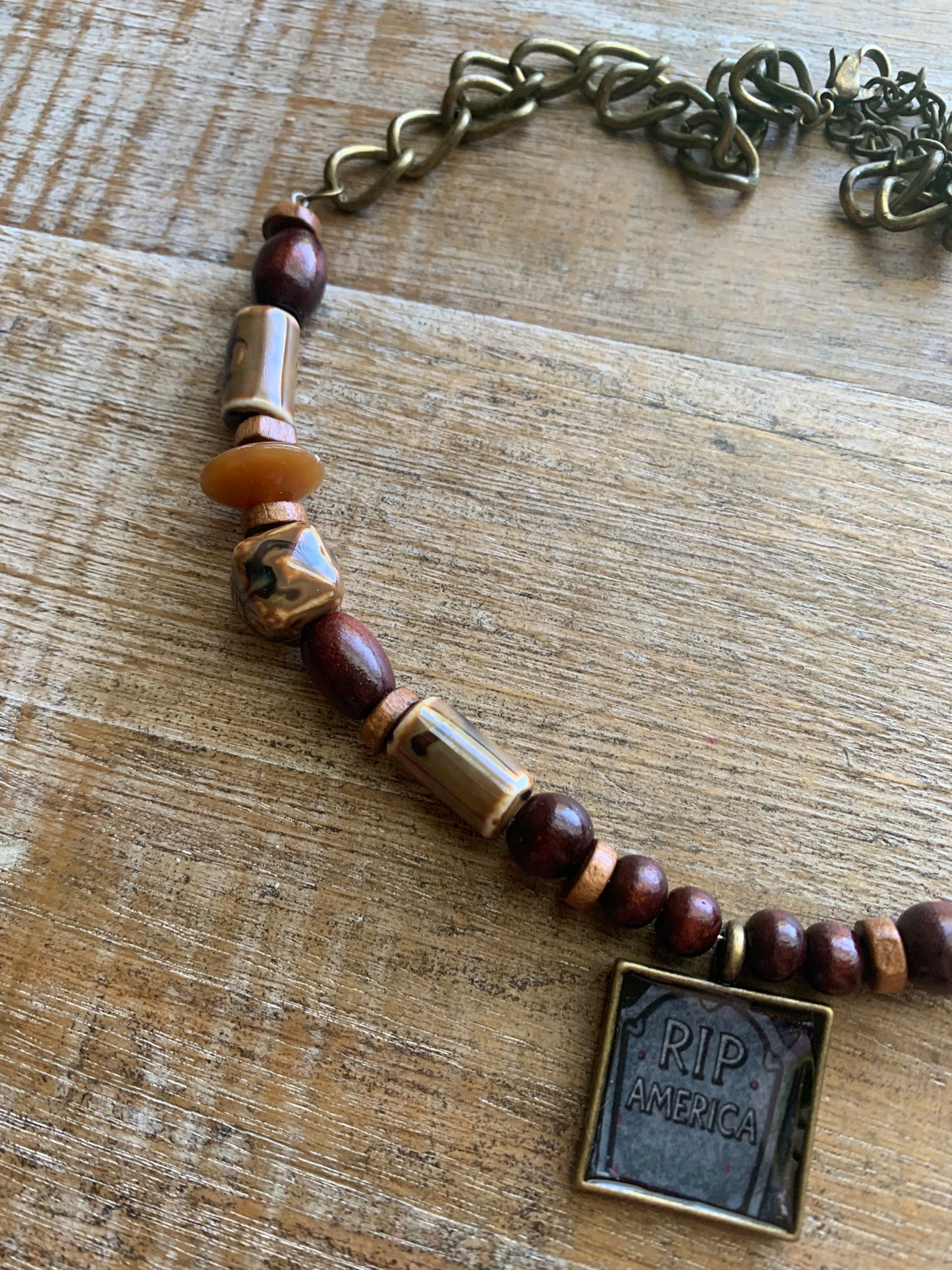 RIP America Tombstone Pendant Necklace Upcycled Beaded Bronze Tone Necklace