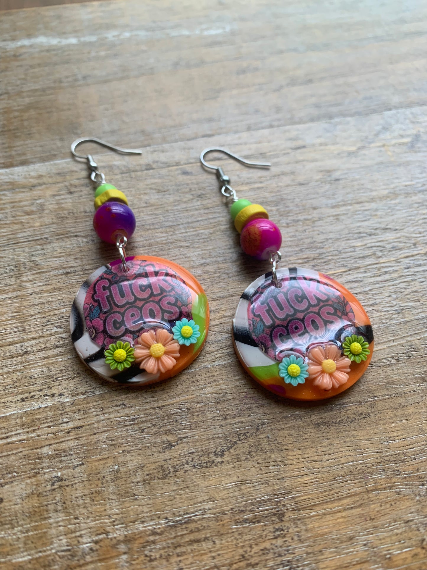 Fuck CEOs Colorful Polymer Clay Neon Earrings Clip On Earrings Tunnel Gauge Earrings