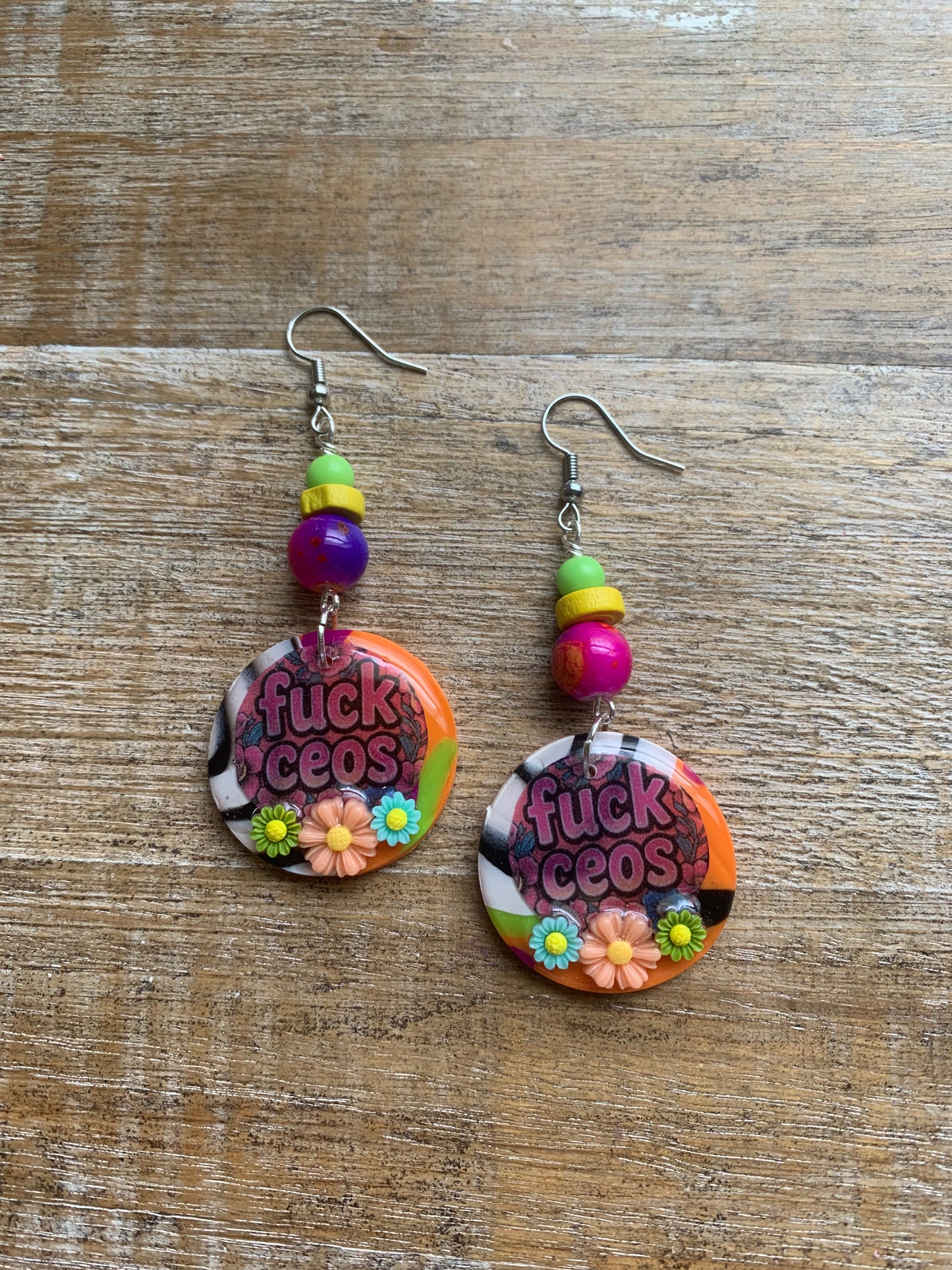 Fuck CEOs Colorful Polymer Clay Neon Earrings Clip On Earrings Tunnel Gauge Earrings
