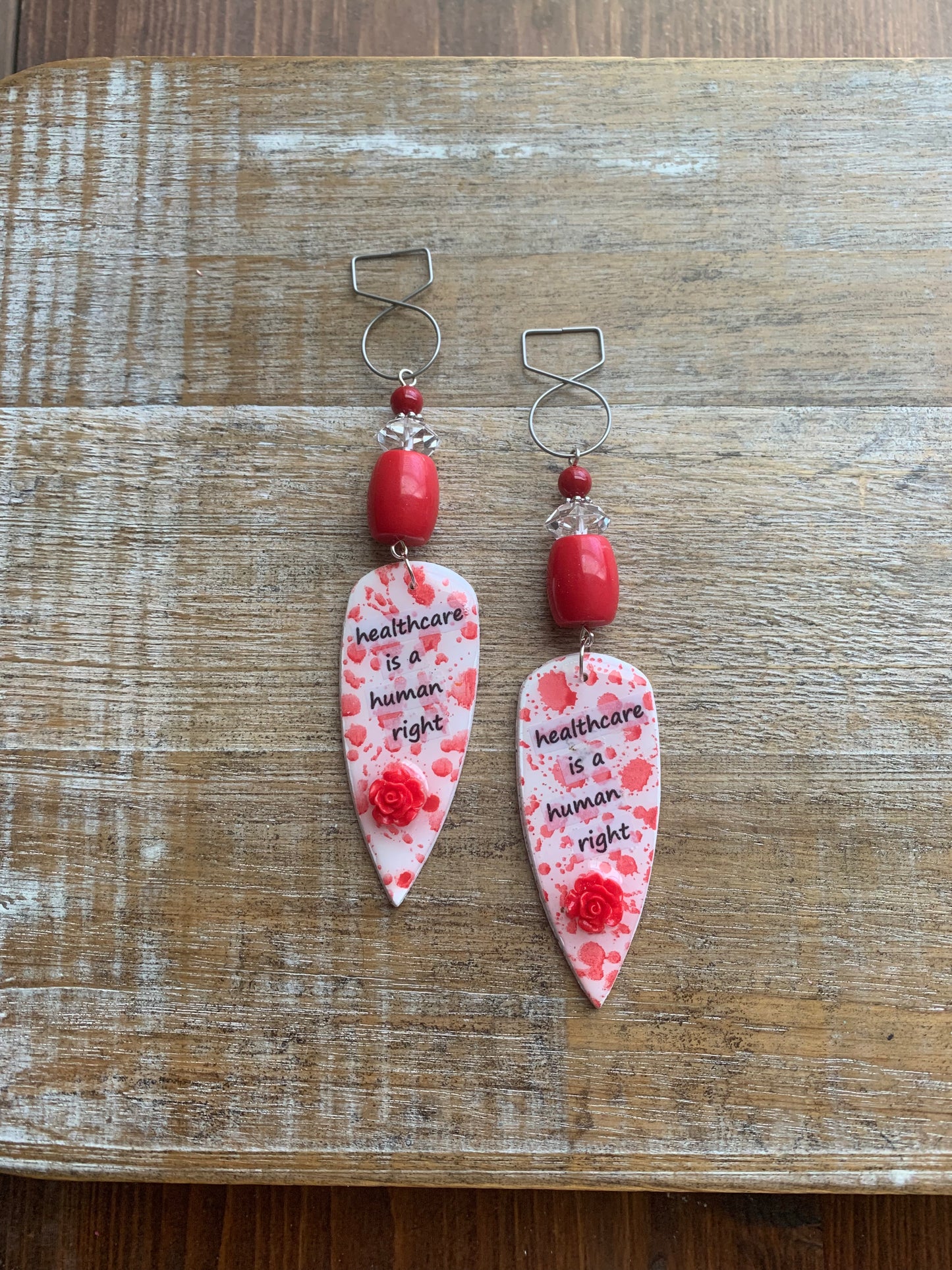 Healthcare is a Human Right Tunnel Gauge Earrings Bloody Red Polymer Clay Clip On Earrings