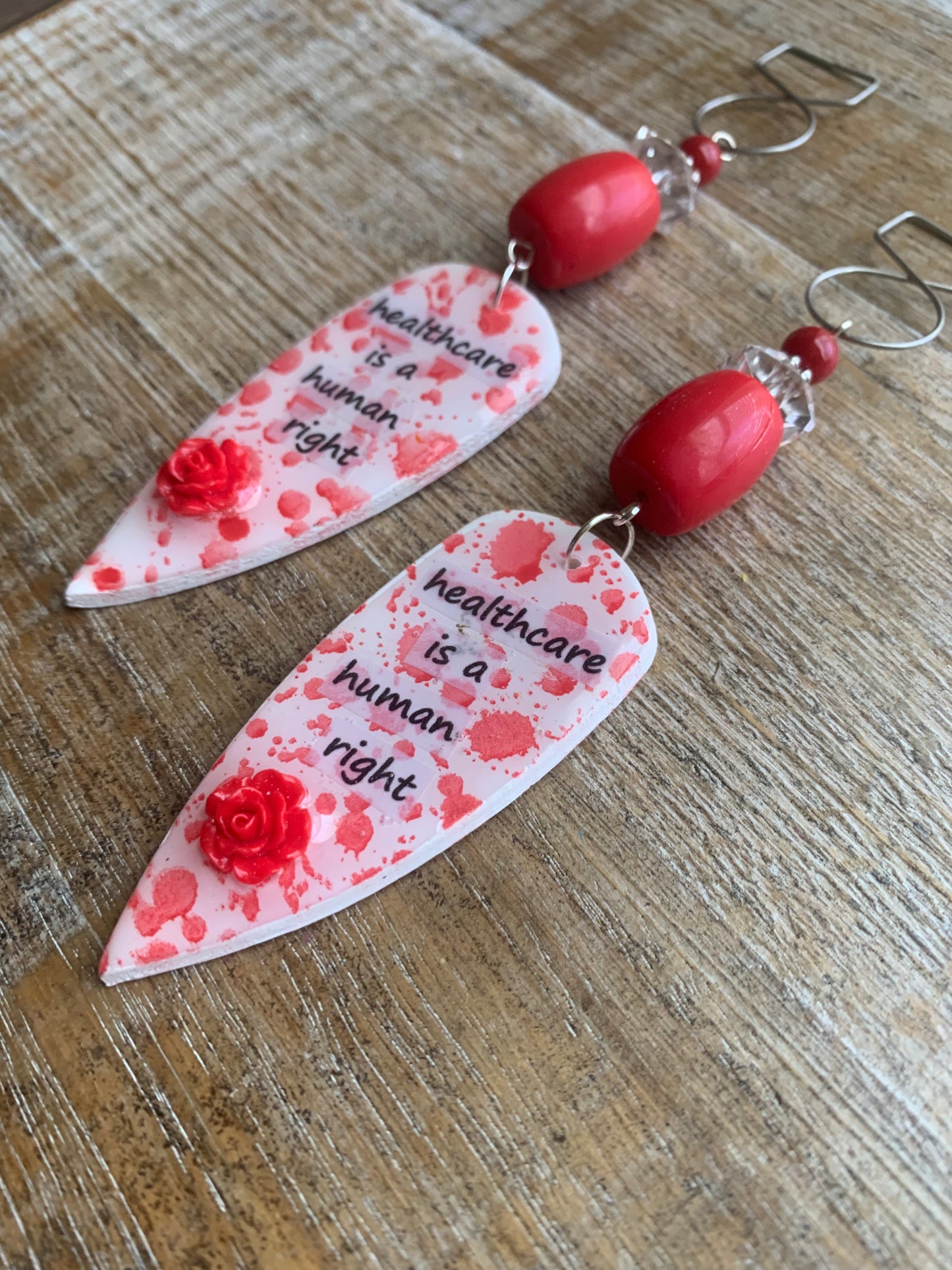 Healthcare is a Human Right Tunnel Gauge Earrings Bloody Red Polymer Clay Clip On Earrings