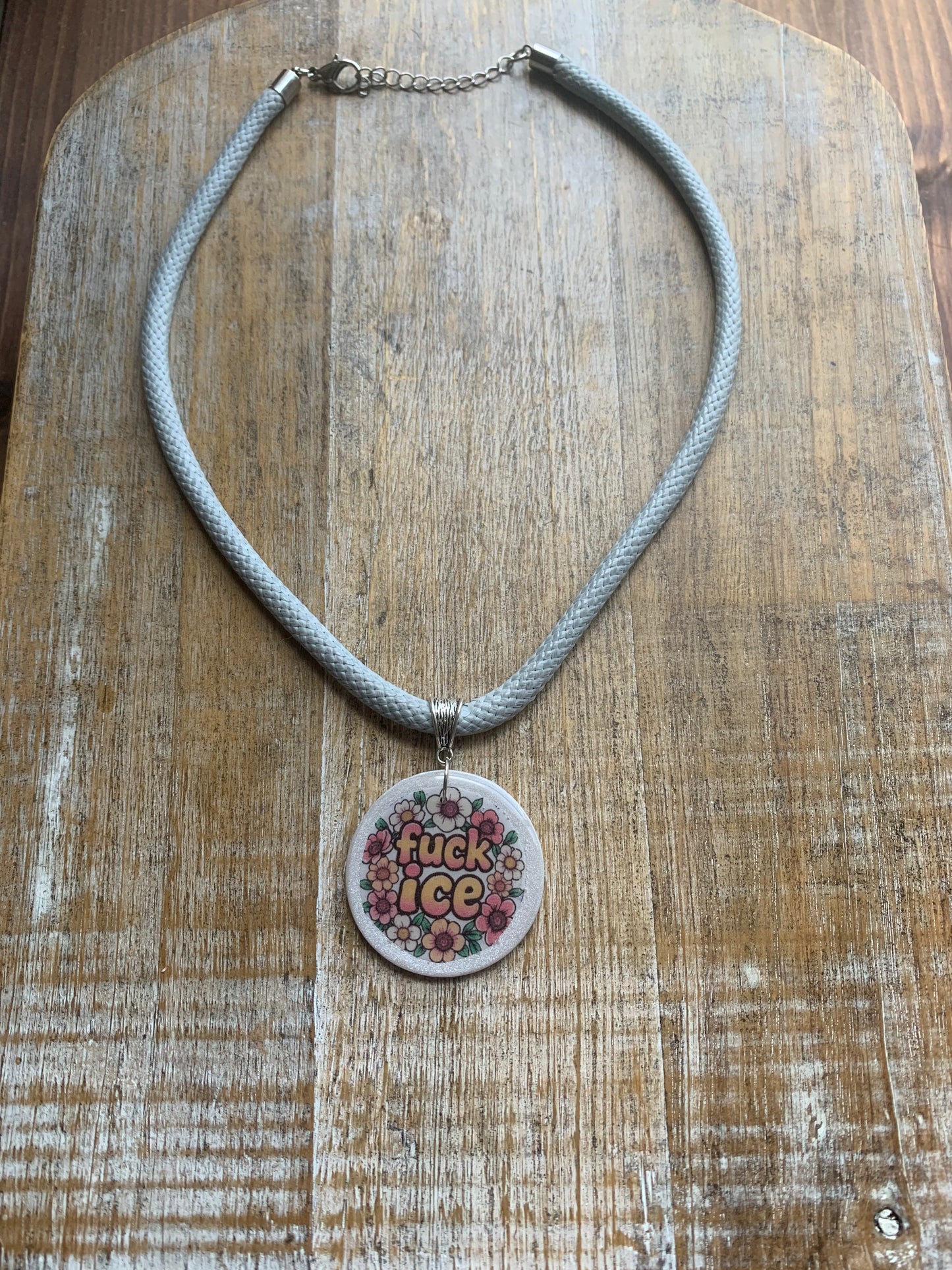 Fuck Ice Gray & White Polymer Clay Floral Protest Necklace