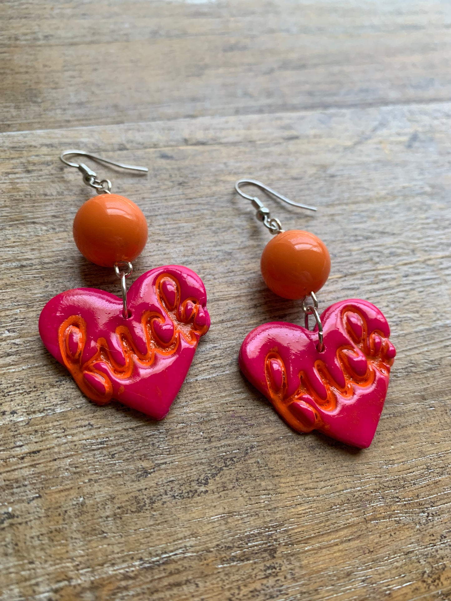 Pink Heart Fuck Swear Word Earrings Polymer Clay Orange Clip On Tunnel Gauge Earrings
