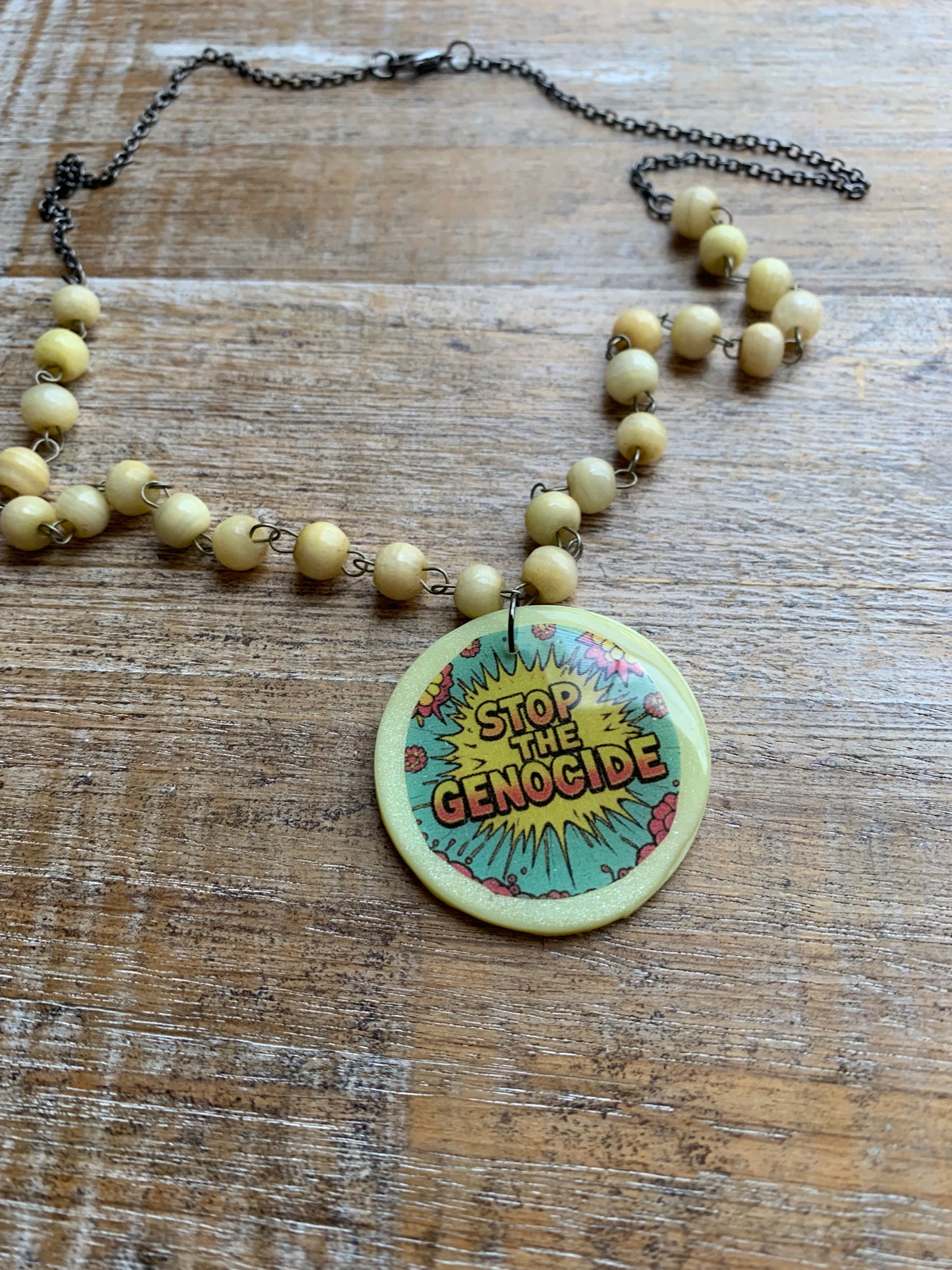 Stop the Genocide Upcycled Beaded Polymer Clay Necklace