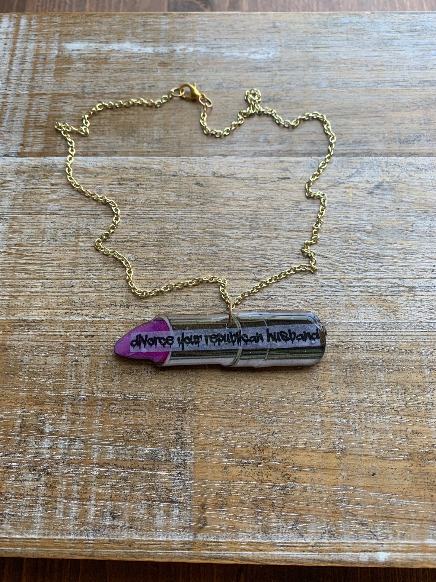 As-Is Divorce Your Republican Husband Pink Lipstick Gold Tone Necklace