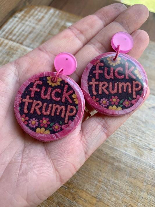 Fuck Trump Pink Stud Earrings Daisy One of a Kind Polymer Clay Earrings Tunnel Gauge Clip On Earrings