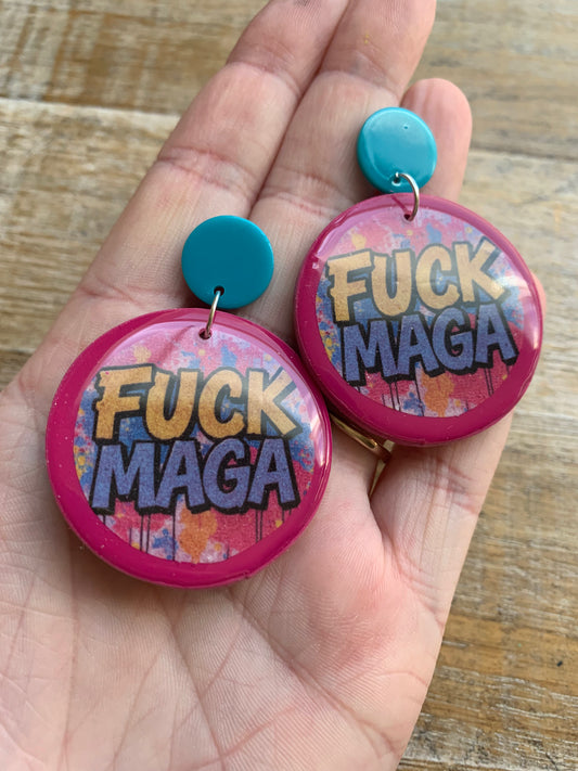 Fuck MAGA Pink Stud Earrings Graffiti Colorful Polymer Clay Earrings Tunnel Gauge Clip On Earrings