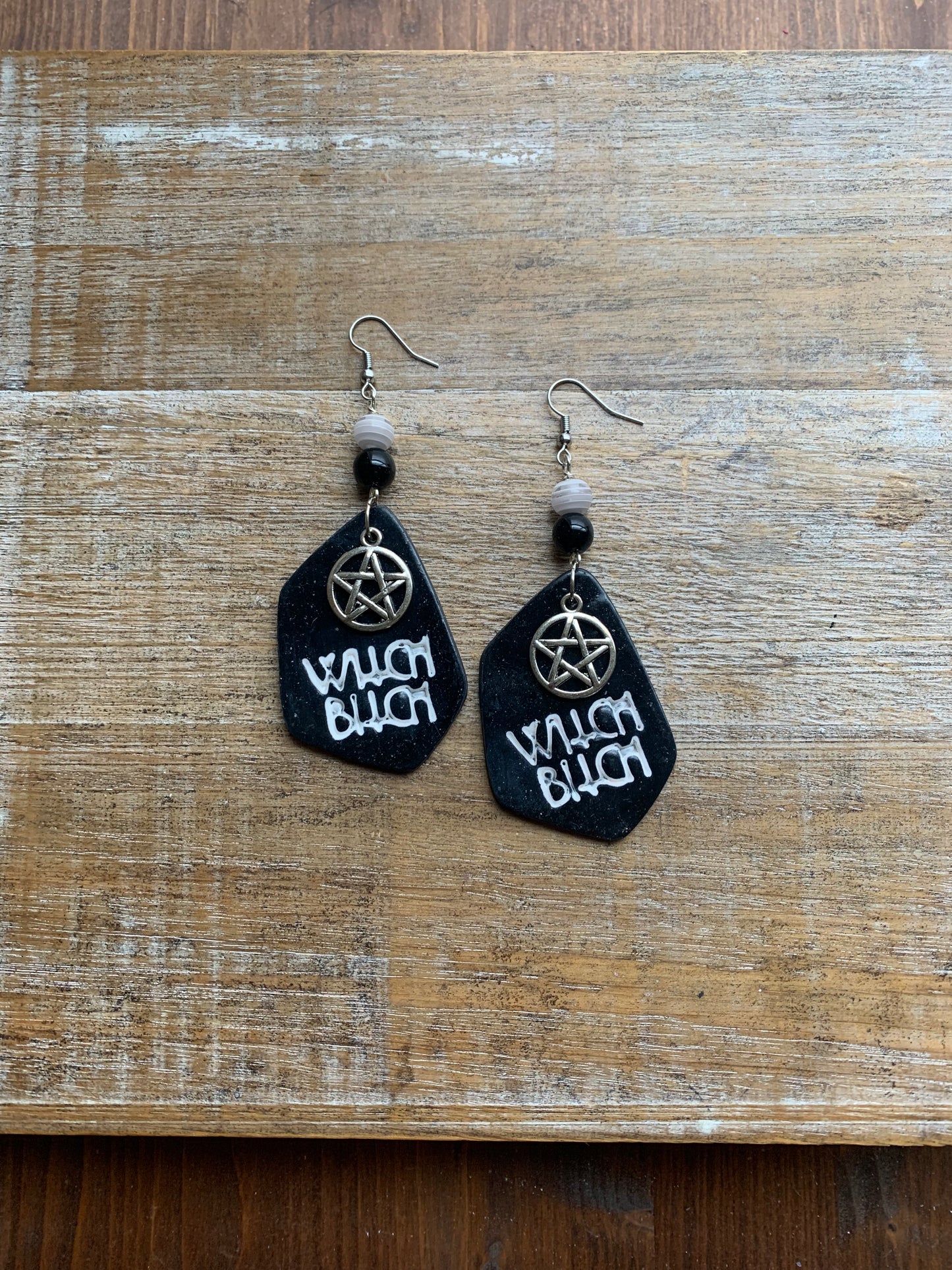 Witch Bitch Black Gothic Polymer Clay Earrings Ear Hangers Clip On Earrings