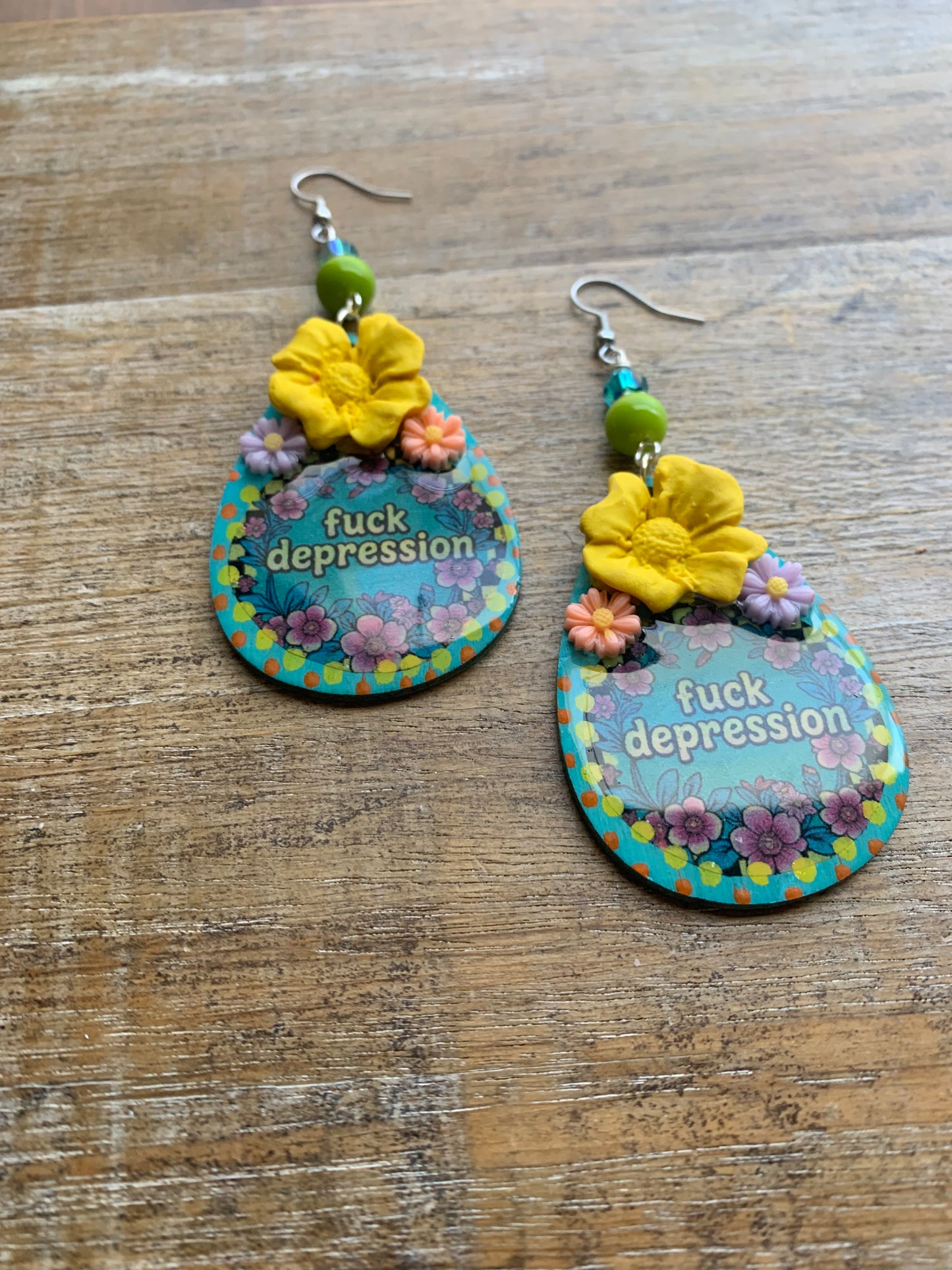 Fuck Depression Earrings Wood Fuck PTSD Clip On Mental Health Teal Ear Hangers