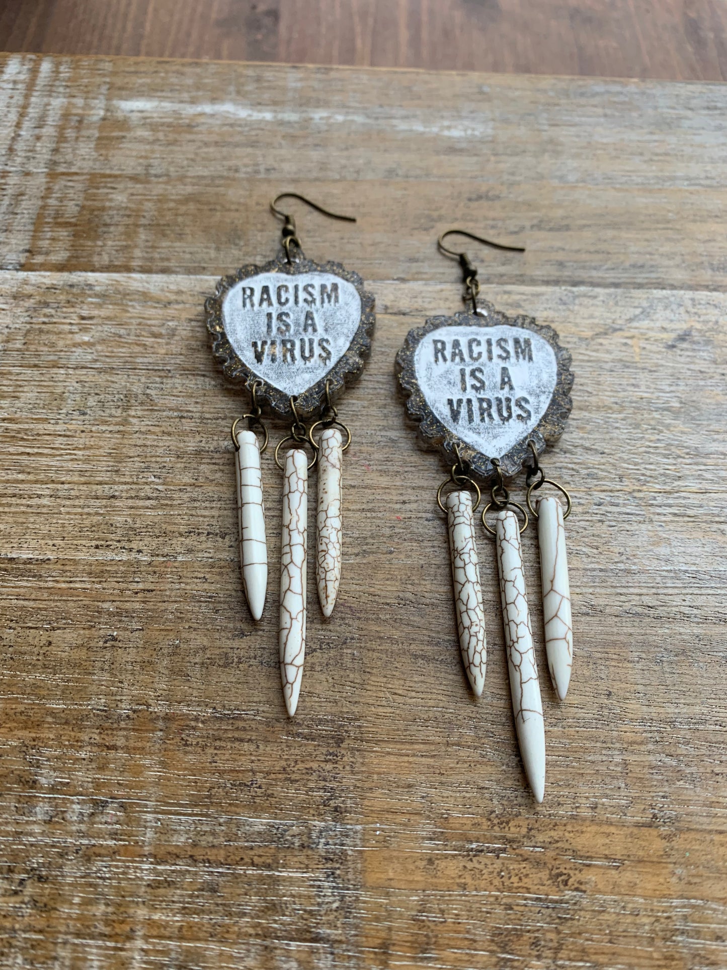 Racism Is A Virus Protest Activist Earrings Liberal Clip On Earrings Brown Anti Racism BLM Ear Hangers