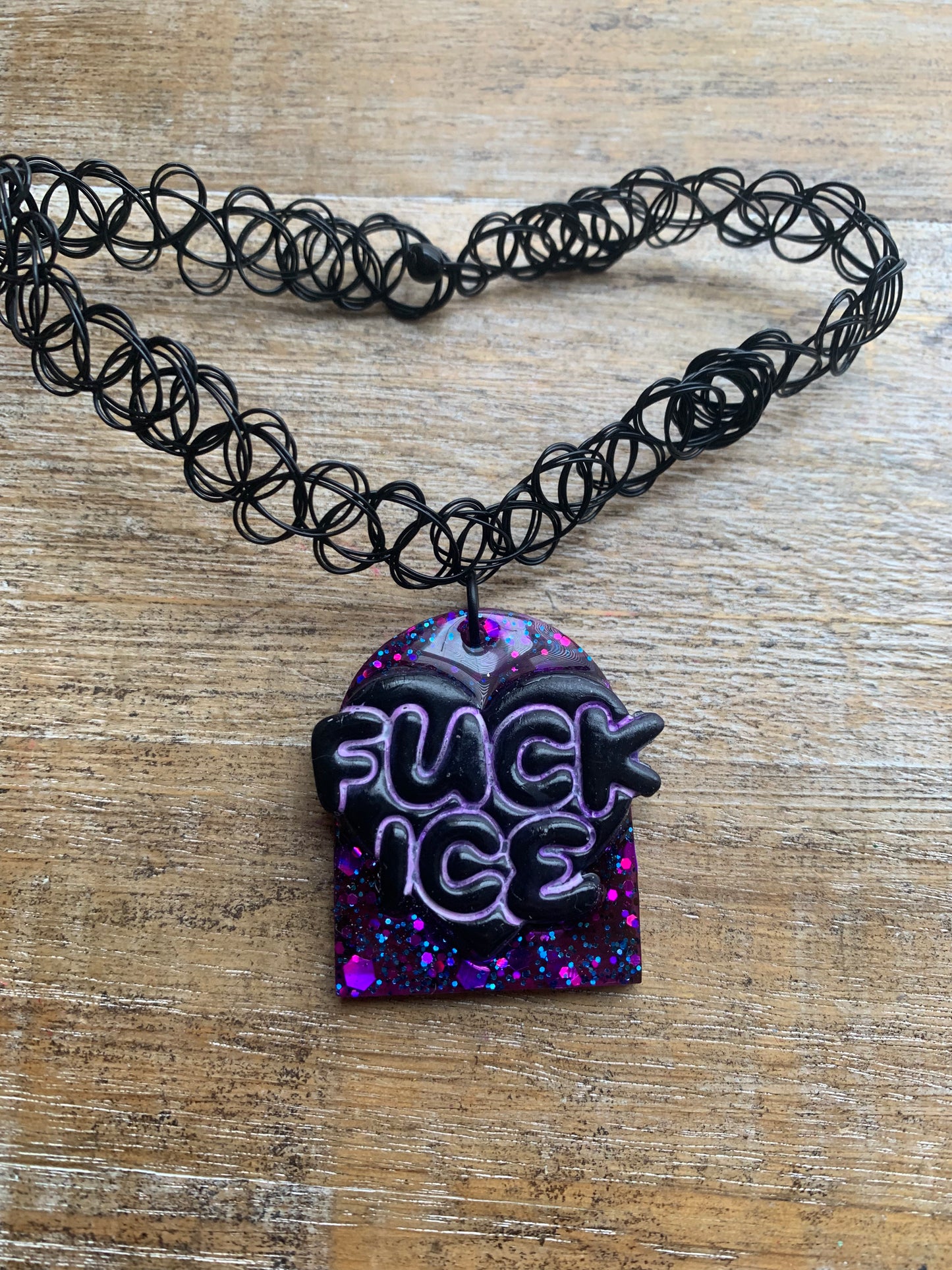 Fuck Ice Purple & Black Resin Clay Gothic Choker Tattoo Protest Necklace