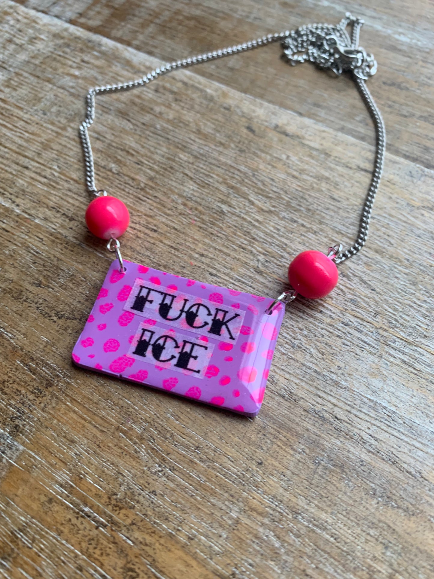 Fuck Ice Neon Pink & Black Clay Purple Beaded Protest Necklace