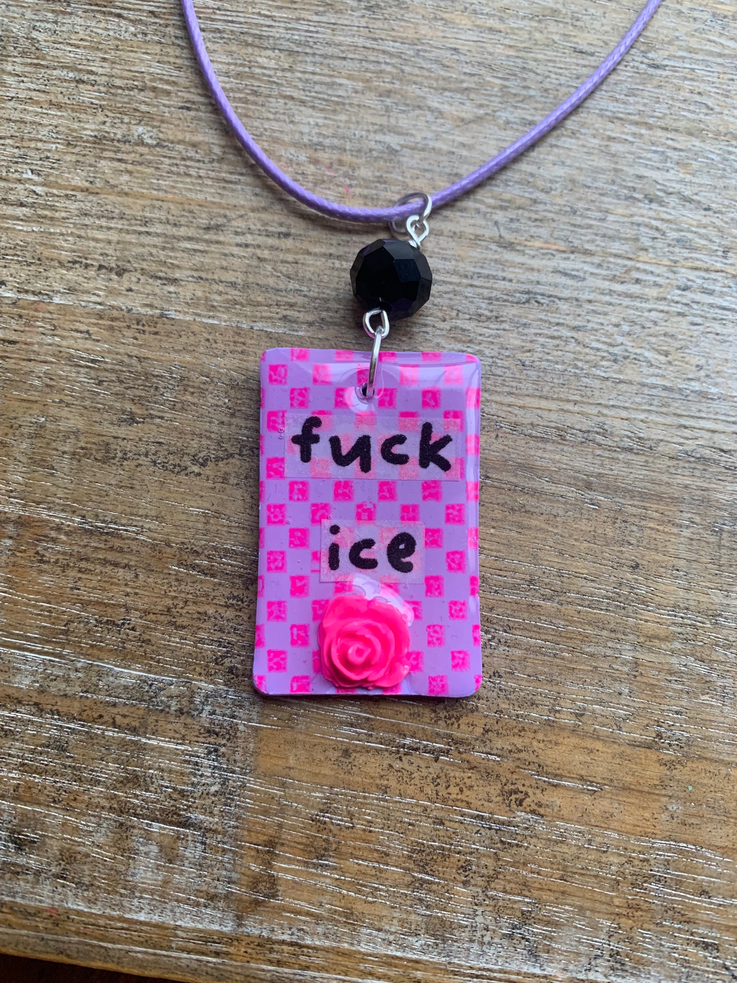 Fuck Ice Neon Pink & Black Clay Purple Beaded Protest Necklace