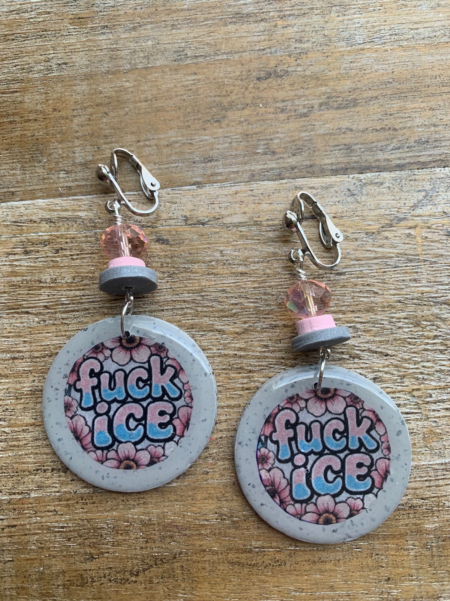 Fuck Ice Protest Activist Clip On Earrings Liberal Earrings Gray & Pink Clay Ear Hangers