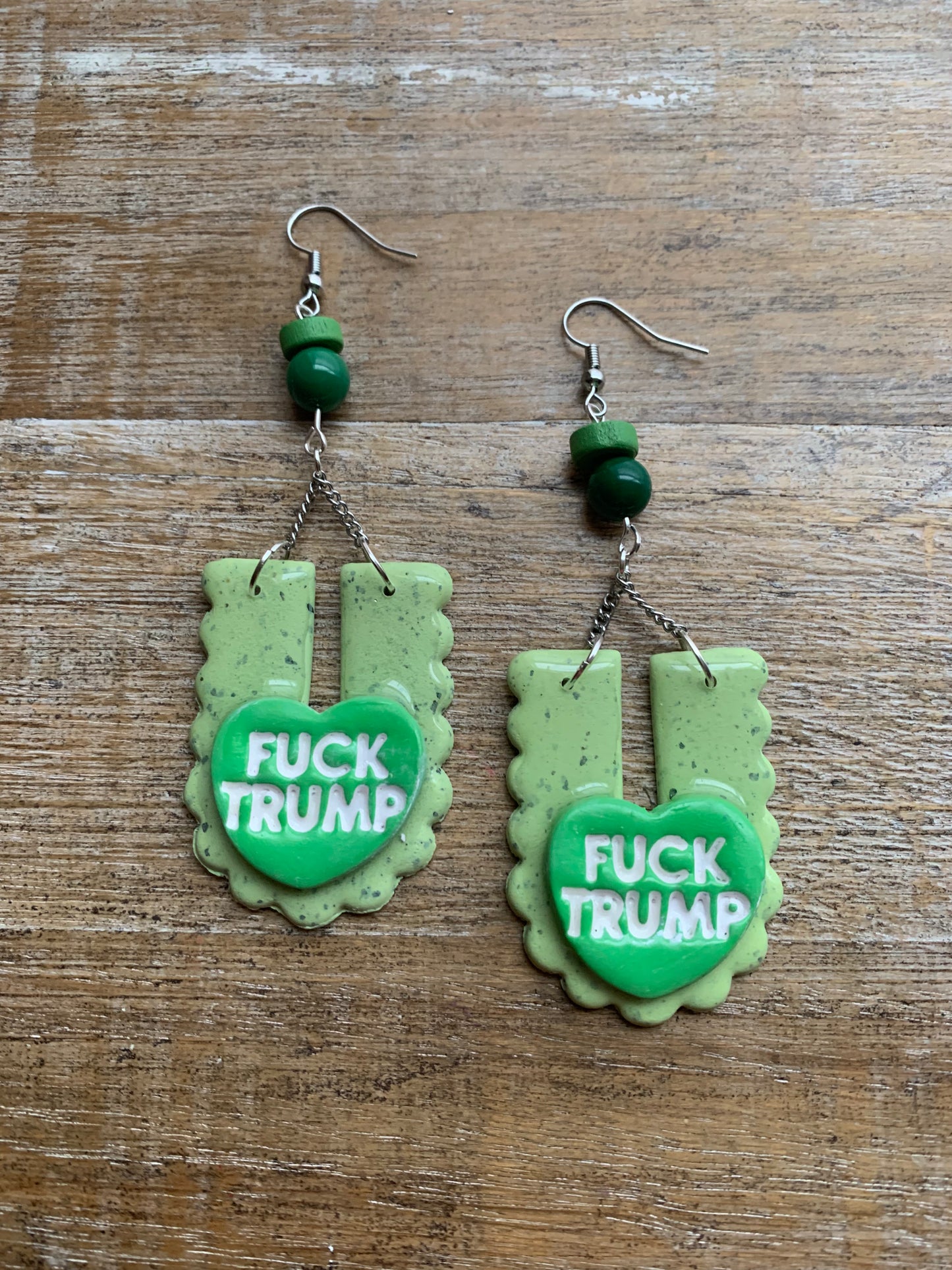 Fuck Trump Protest Activist Earrings Liberal Art Deco Green & White Clip On Ear Hangers