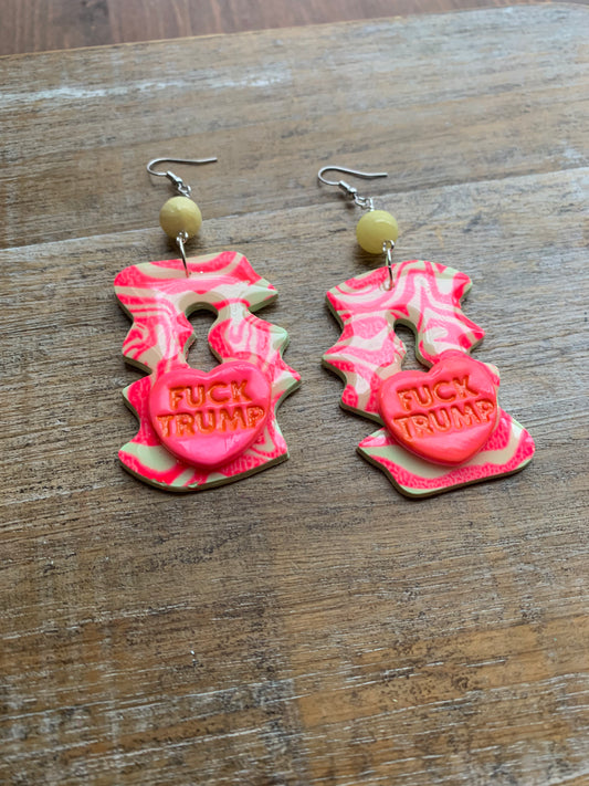 Fuck Trump Protest Activist Earrings Liberal Art Deco Neon Pink & Yellow Clip On Ear Hangers
