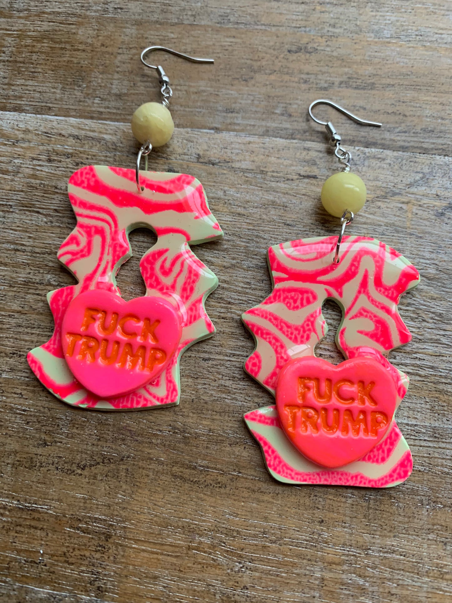 Fuck Trump Protest Activist Earrings Liberal Art Deco Neon Pink & Yellow Clip On Ear Hangers