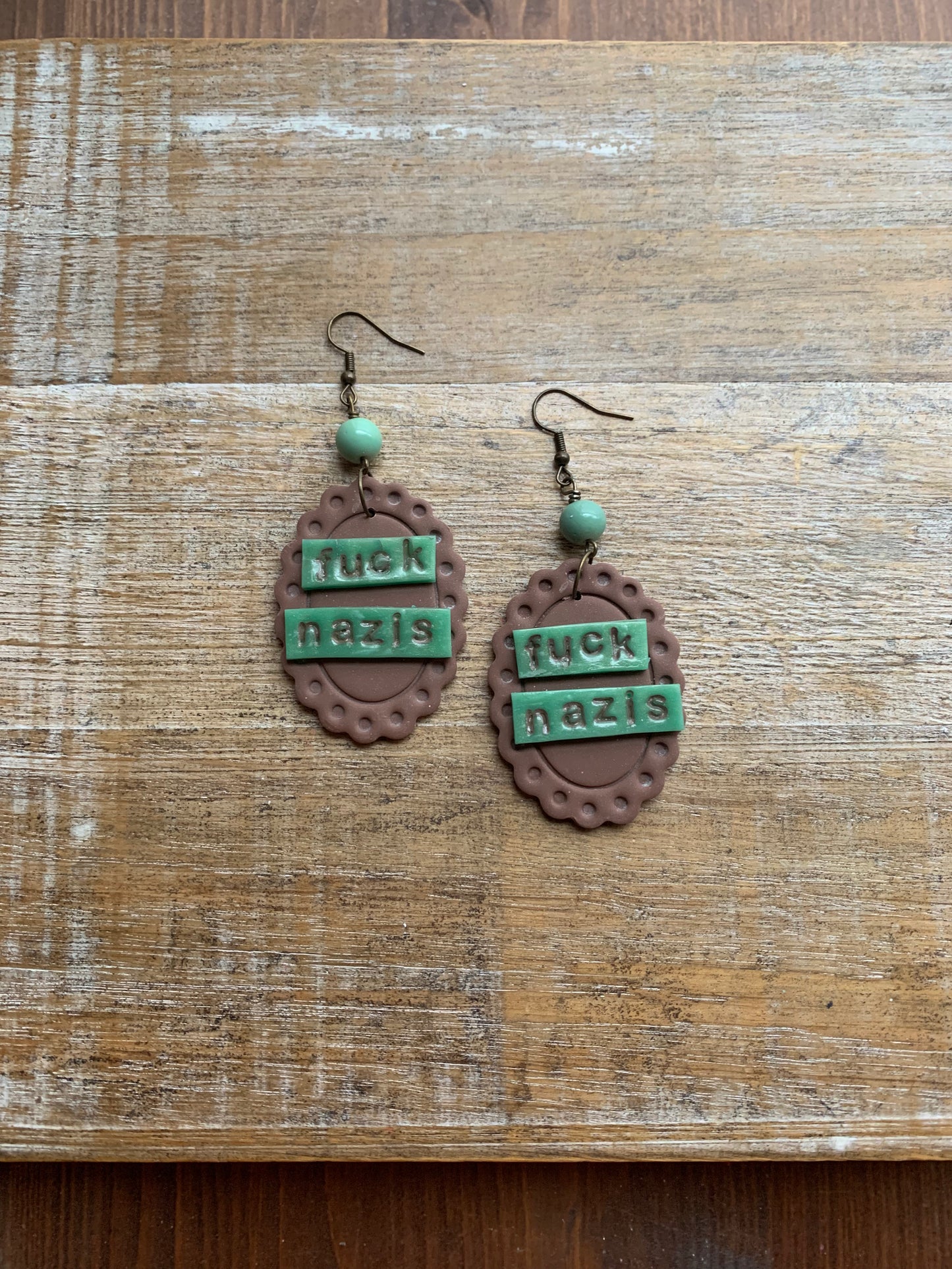 Fuck Nazis Protest Activist Earrings Liberal Framed Green & Brown Clip On Ear Hangers