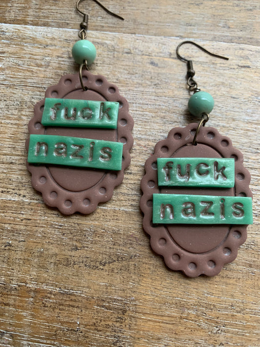 Fuck Nazis Protest Activist Earrings Liberal Framed Green & Brown Clip On Ear Hangers