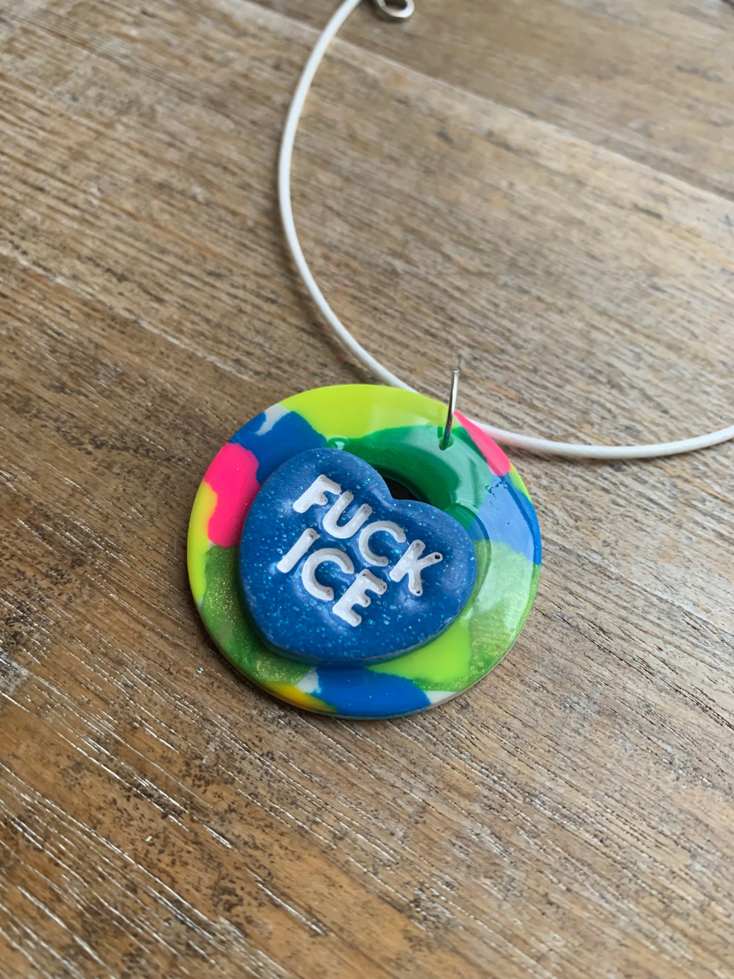Fuck Ice Neon Terrazzo Heart Clay Corded Protest Necklace