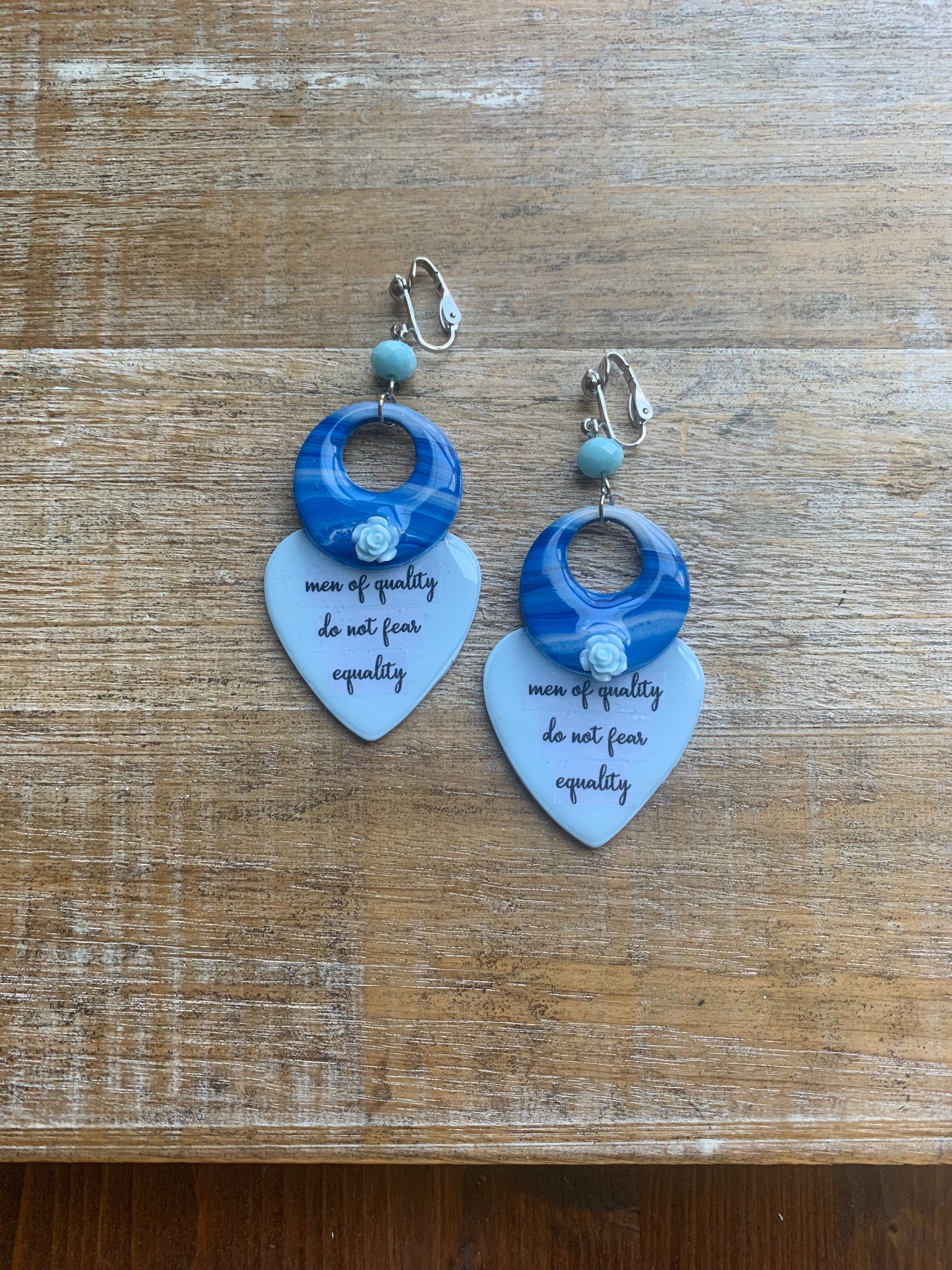 Men of Quality Do Not Fear Equality Clay Clip On Earrings Blue Tunnel Gauge Earrings Light Blue