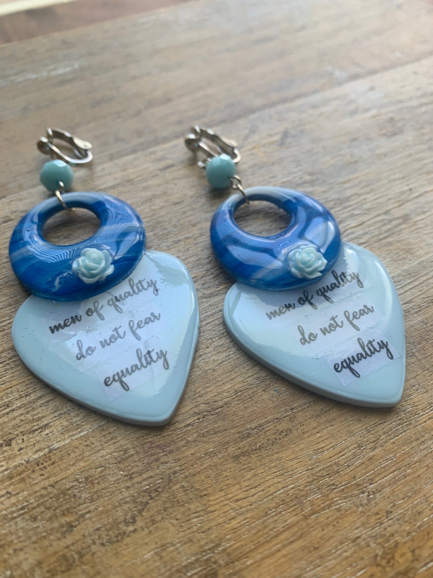 Men of Quality Do Not Fear Equality Clay Clip On Earrings Blue Tunnel Gauge Earrings Light Blue
