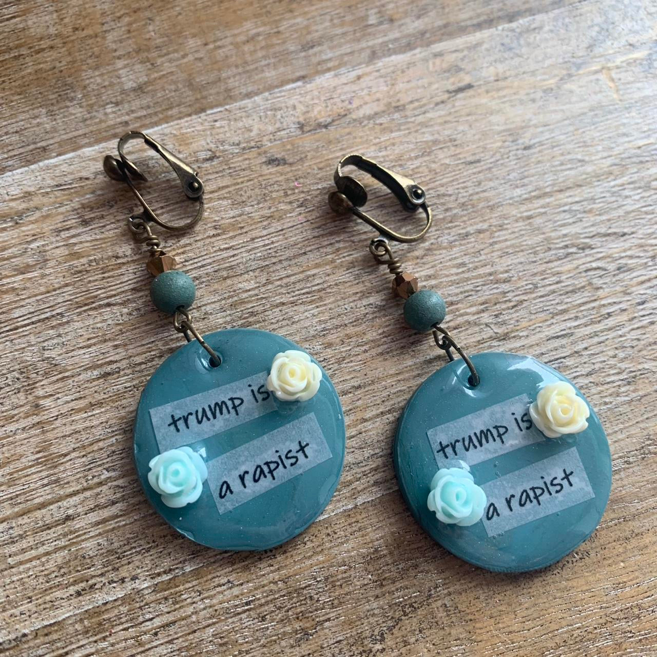 Trump is a Rapist Blue Clip On Earrings Clay Tunnel Gauge Anti Trump Earrings
