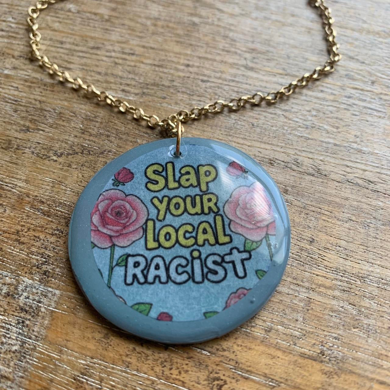 Slap Your Local Racist Blue & Pink Rose Gold Tone Chain Necklace