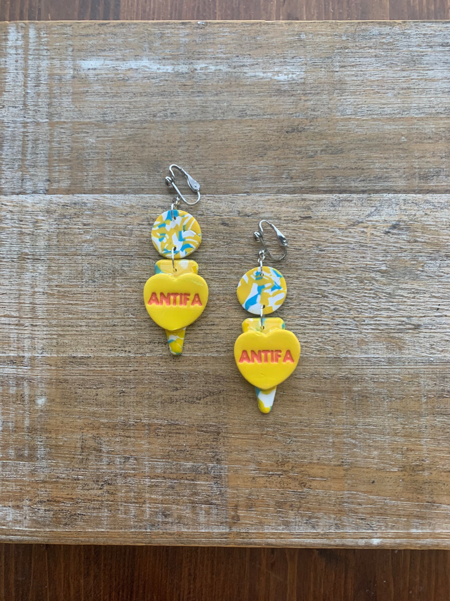 Antifa Heart Yellow Clip On Earrings Clay Tunnel Gauge Anti Fascist Earrings