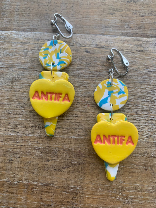 Antifa Heart Yellow Clip On Earrings Clay Tunnel Gauge Anti Fascist Earrings