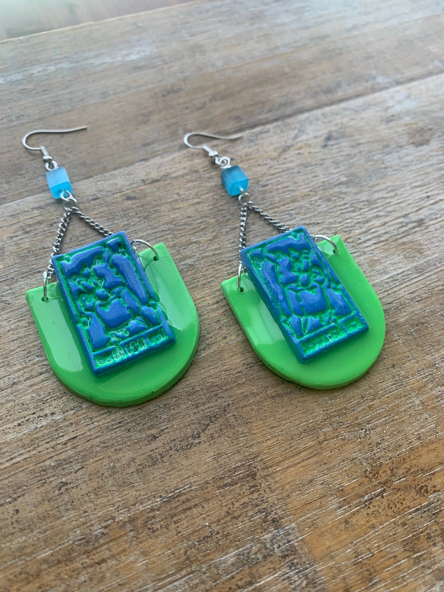 Fuck Ice Tarot Card Protest Activist Earrings Liberal Clip On Earrings Blue & Lime Green