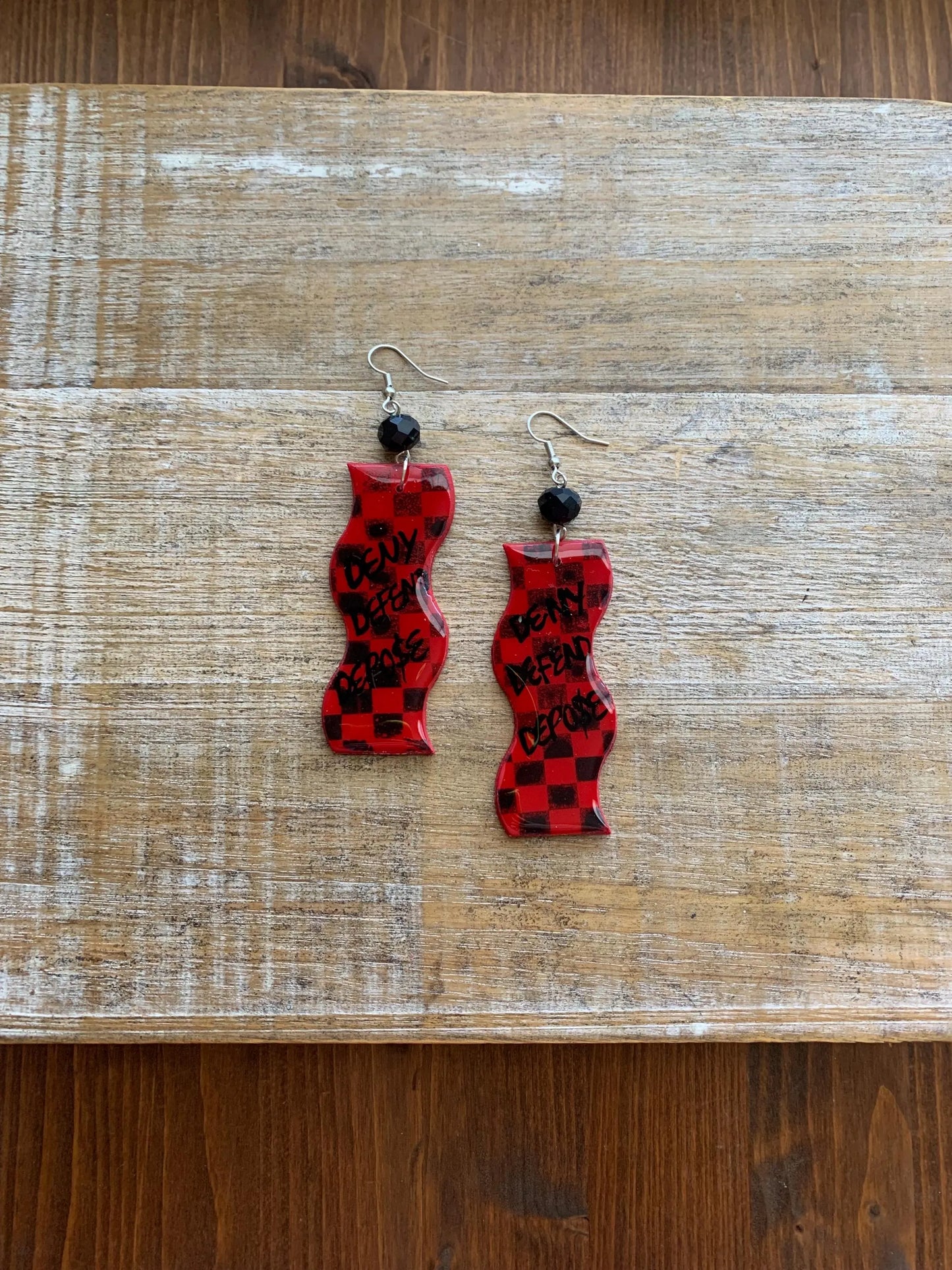 Deny Defend Depose Checkerboard Clay Earrings Skater Art Deco Checker Retro 90s Red Mod Eat the Rich Clip On Earrings Tunnel Gauge