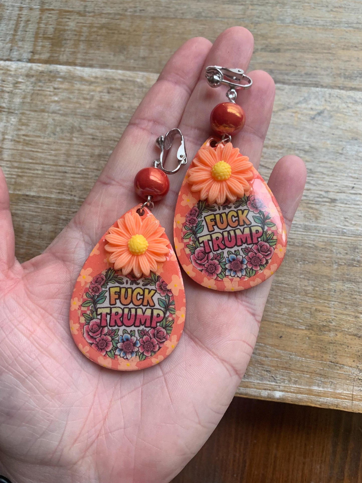 Anti Trump Oligarch Clip On Earrings Wood Fuck Trump Clip Activist Liberal Earrings Punk Orange Anti Authoritarian Govt Ear Hangers
