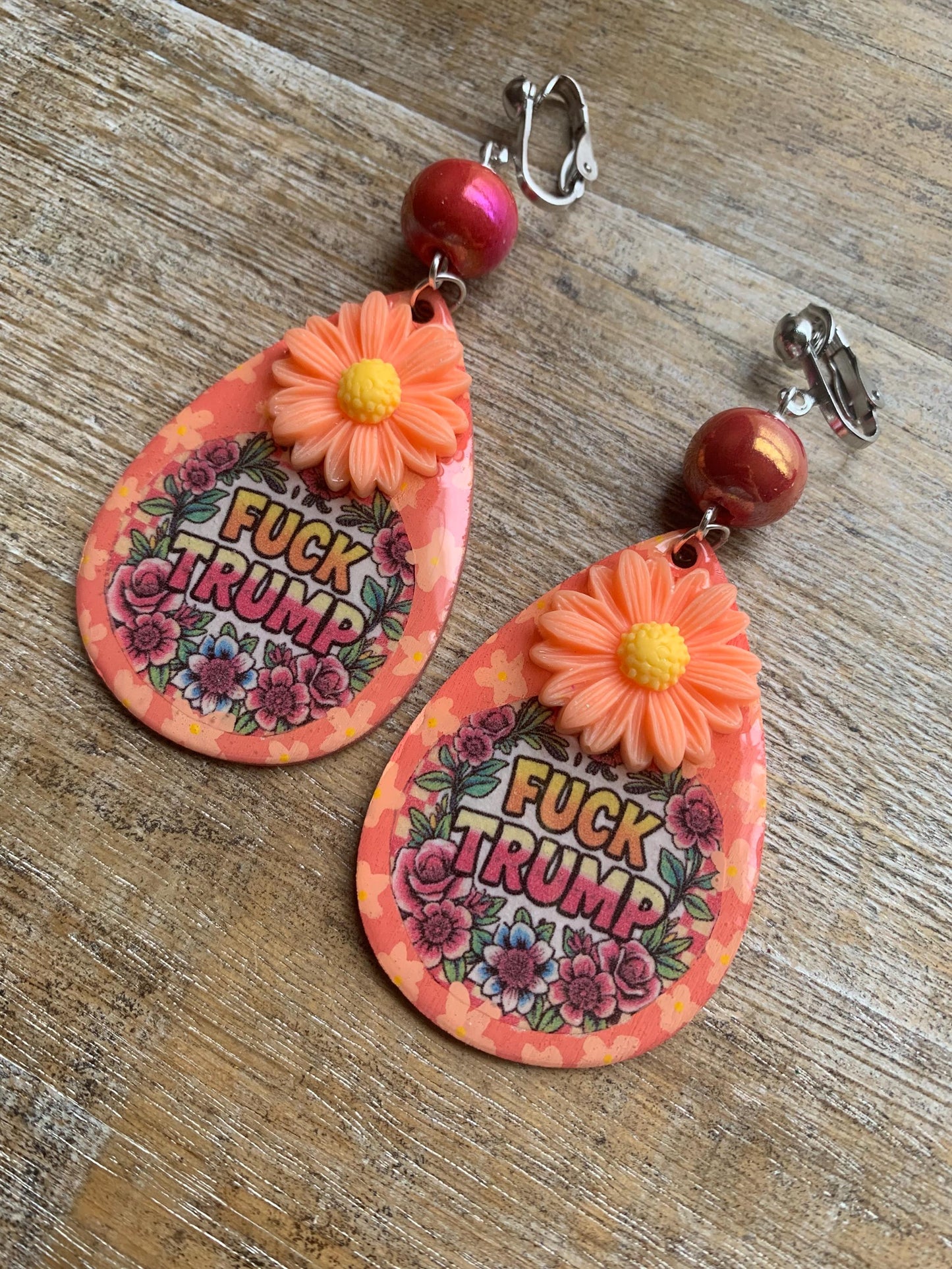 Anti Trump Oligarch Clip On Earrings Wood Fuck Trump Clip Activist Liberal Earrings Punk Orange Anti Authoritarian Govt Ear Hangers