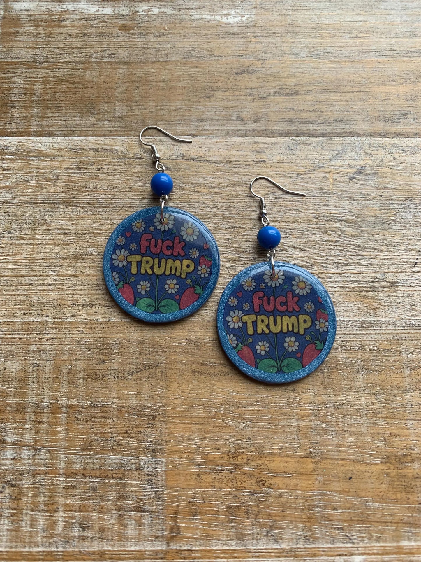 Anti Trump Earrings Clay Protest Fuck Trump Activist Fruit Flower Liberal Clip On Earrings Punk Blue FDT Anti Authoritarian Govt Ear Hangers