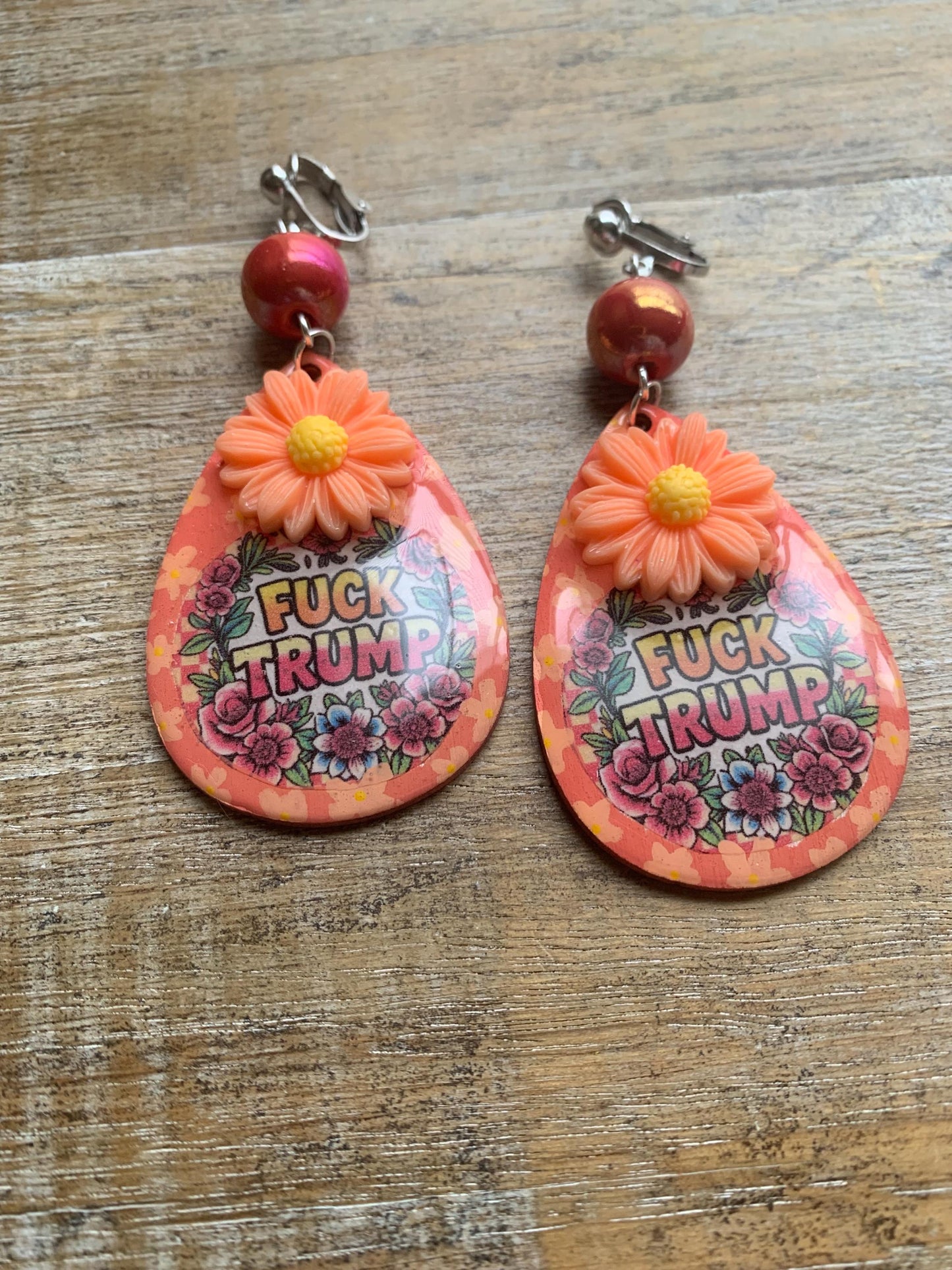 Anti Trump Oligarch Clip On Earrings Wood Fuck Trump Clip Activist Liberal Earrings Punk Orange Anti Authoritarian Govt Ear Hangers