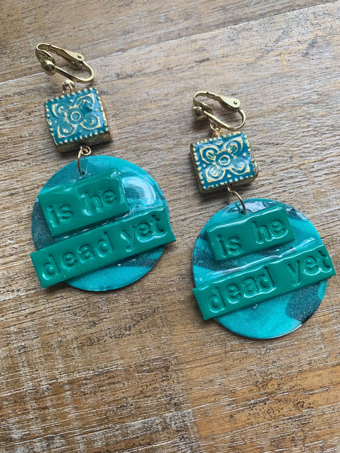 Is He Dead Yet Earrings Clay Protest Liberal Democrat Activist Funny Retro Statement Clip On Earrings Teal Millennial Govt Ear Hangers Blue