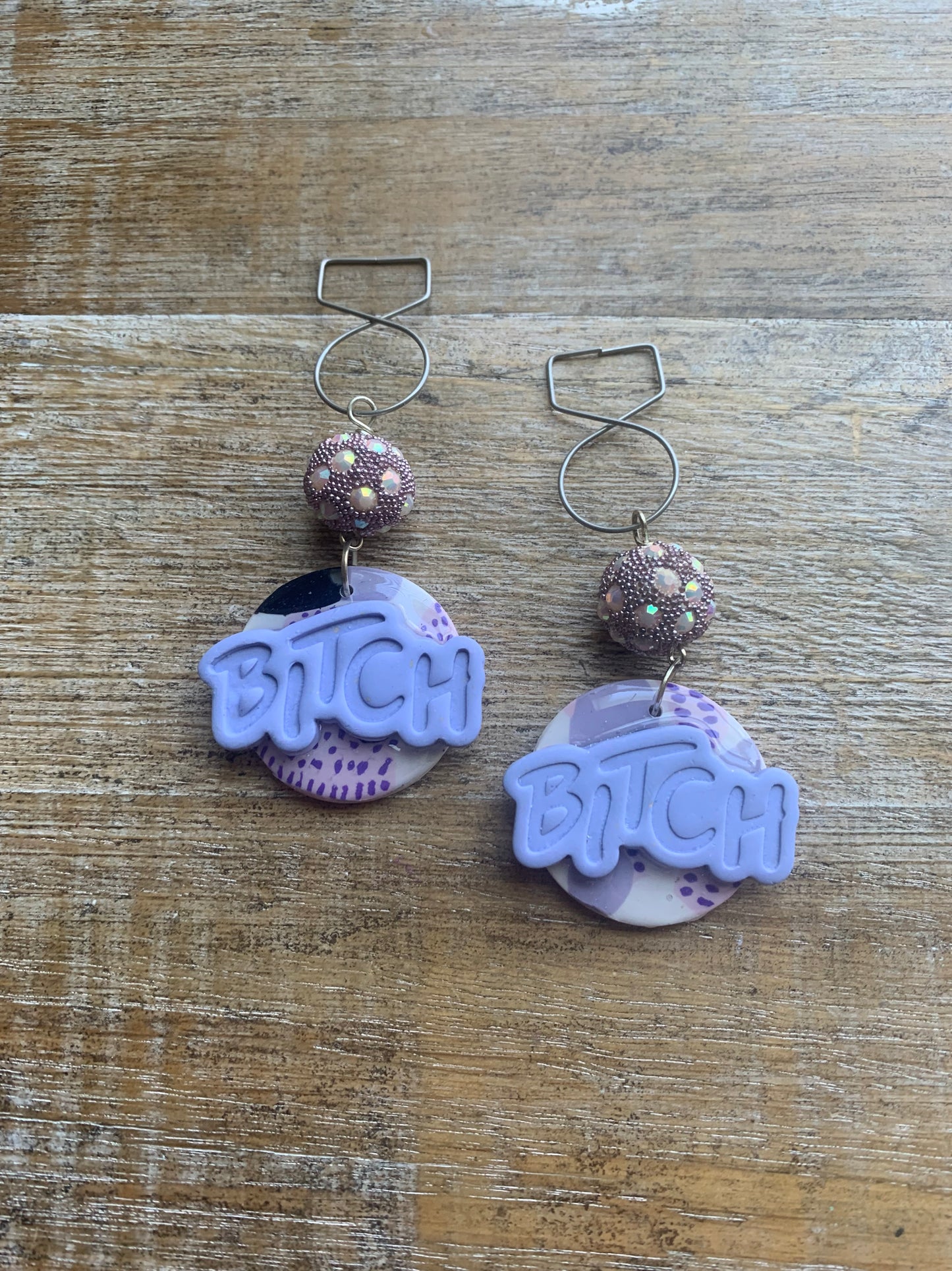 As-Is Bitch Clay Tunnel Gauge Earrings Purple Lavender Clip On Earrings Polymer Bitch Earrings