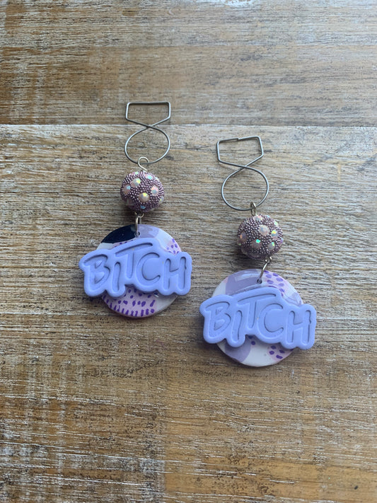 As-Is Bitch Clay Tunnel Gauge Earrings Purple Lavender Clip On Earrings Polymer Bitch Earrings